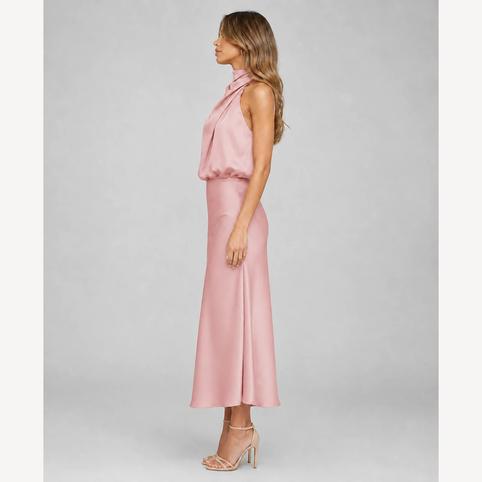 Elowen Pink Satin Midi Dress, view 3