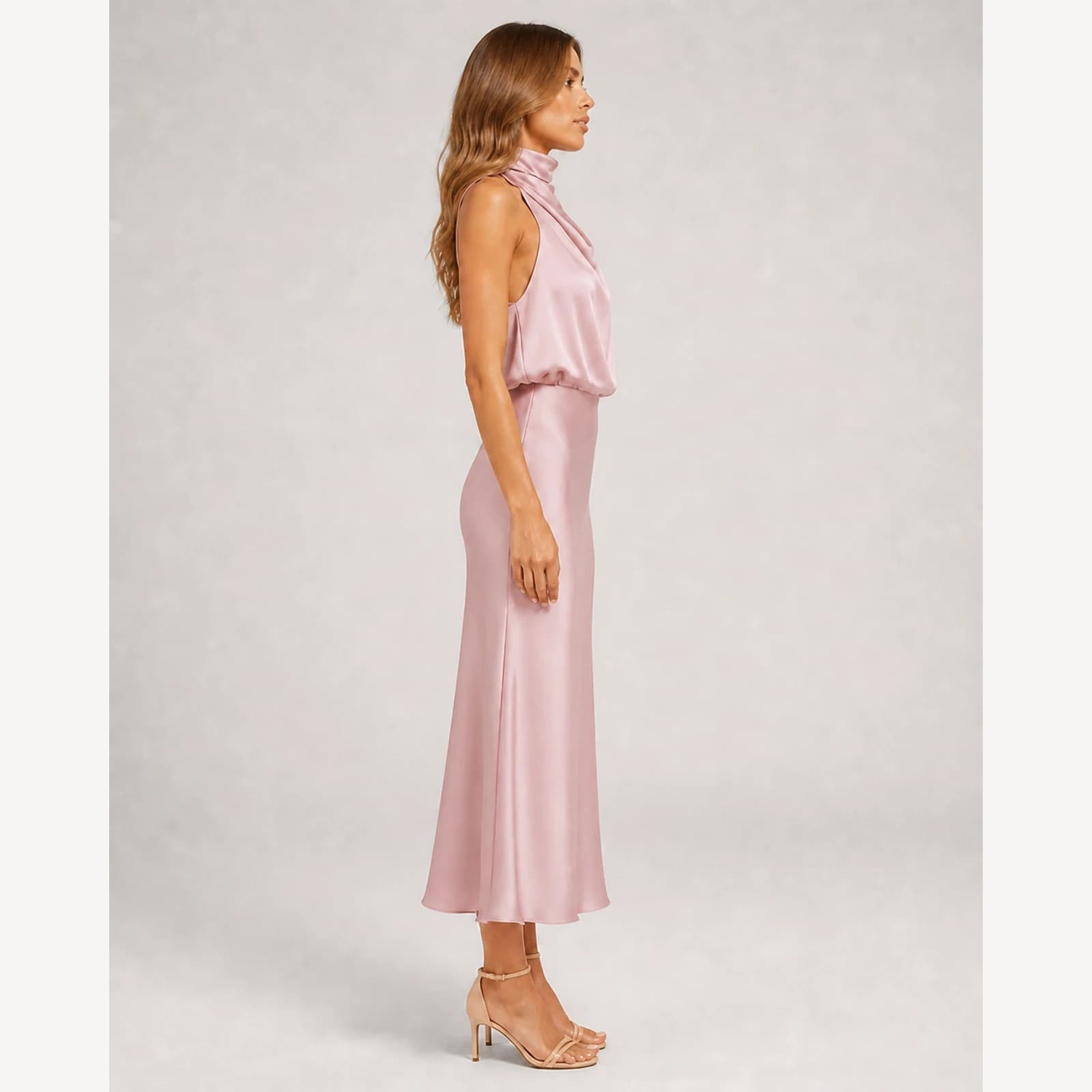 Elowen Pink Satin Midi Dress, view 4