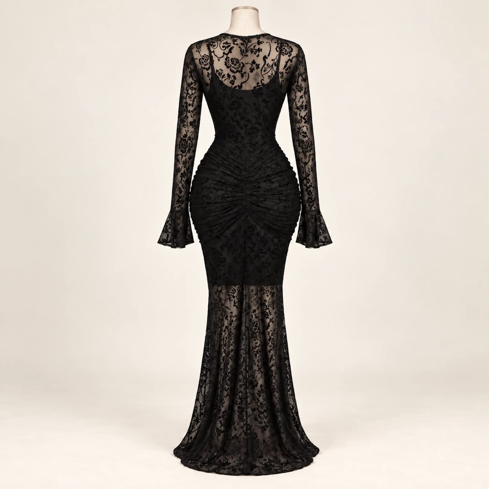 Elowyn Ruched Mesh Maxi Dress — Black Lace, view 2