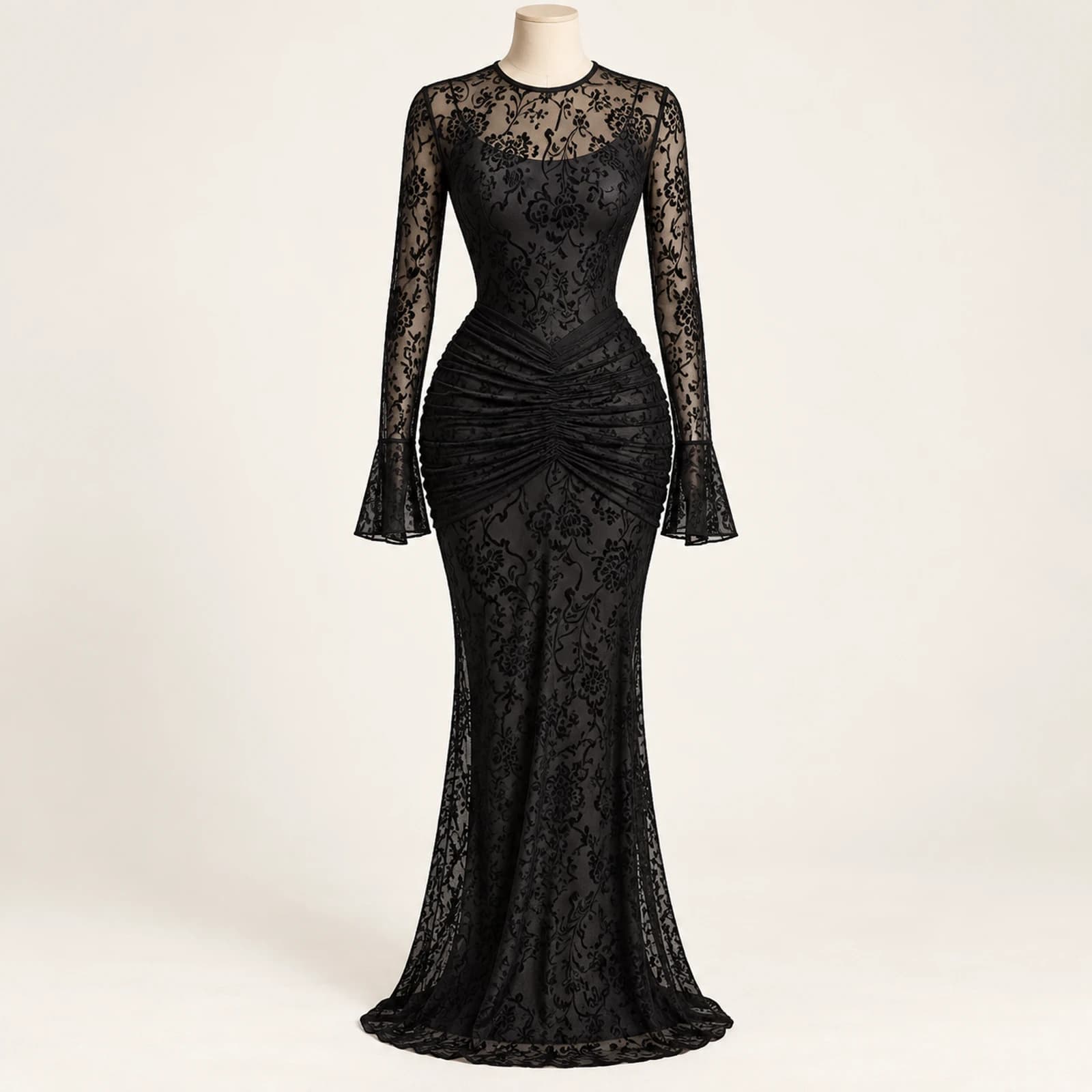 Elowyn Ruched Mesh Maxi Dress — Black Lace, view 1
