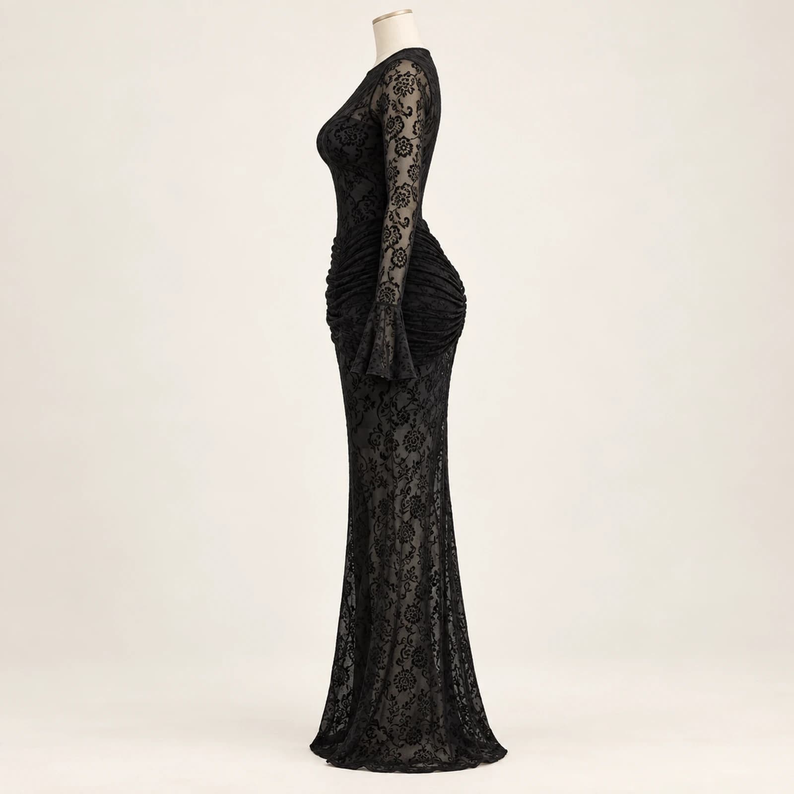 Elowyn Ruched Mesh Maxi Dress — Black Lace, view 3