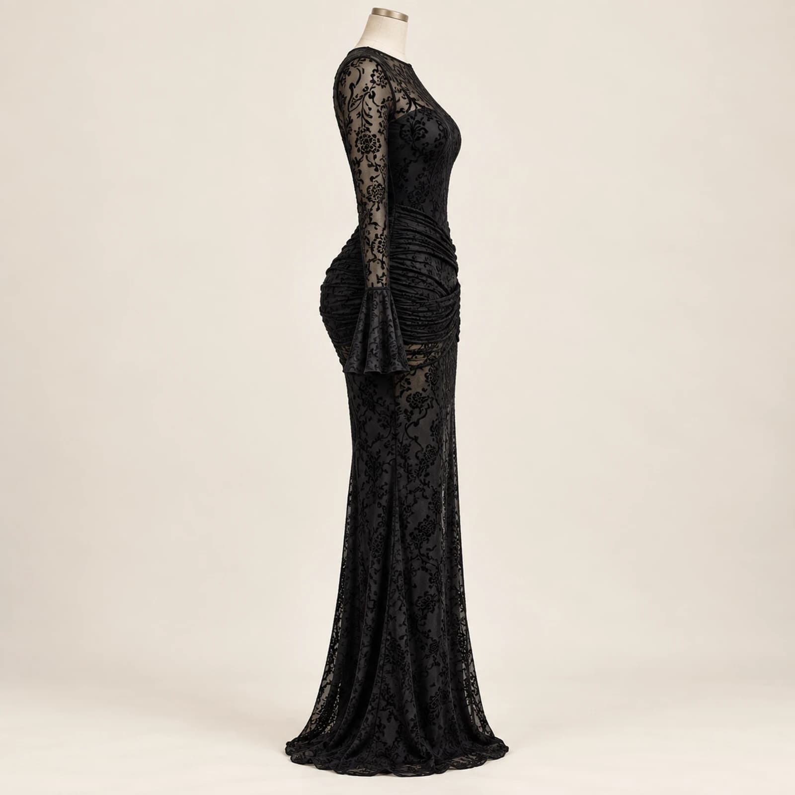 Elowyn Ruched Mesh Maxi Dress — Black Lace, view 4