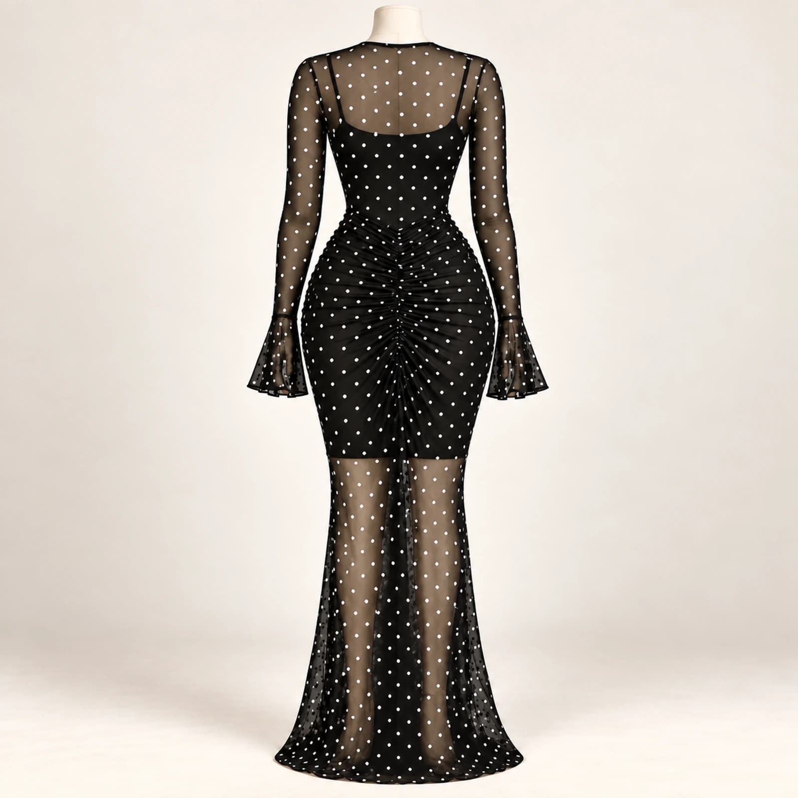 Elowyn Ruched Mesh Maxi Dress — Noir Dots, view 2
