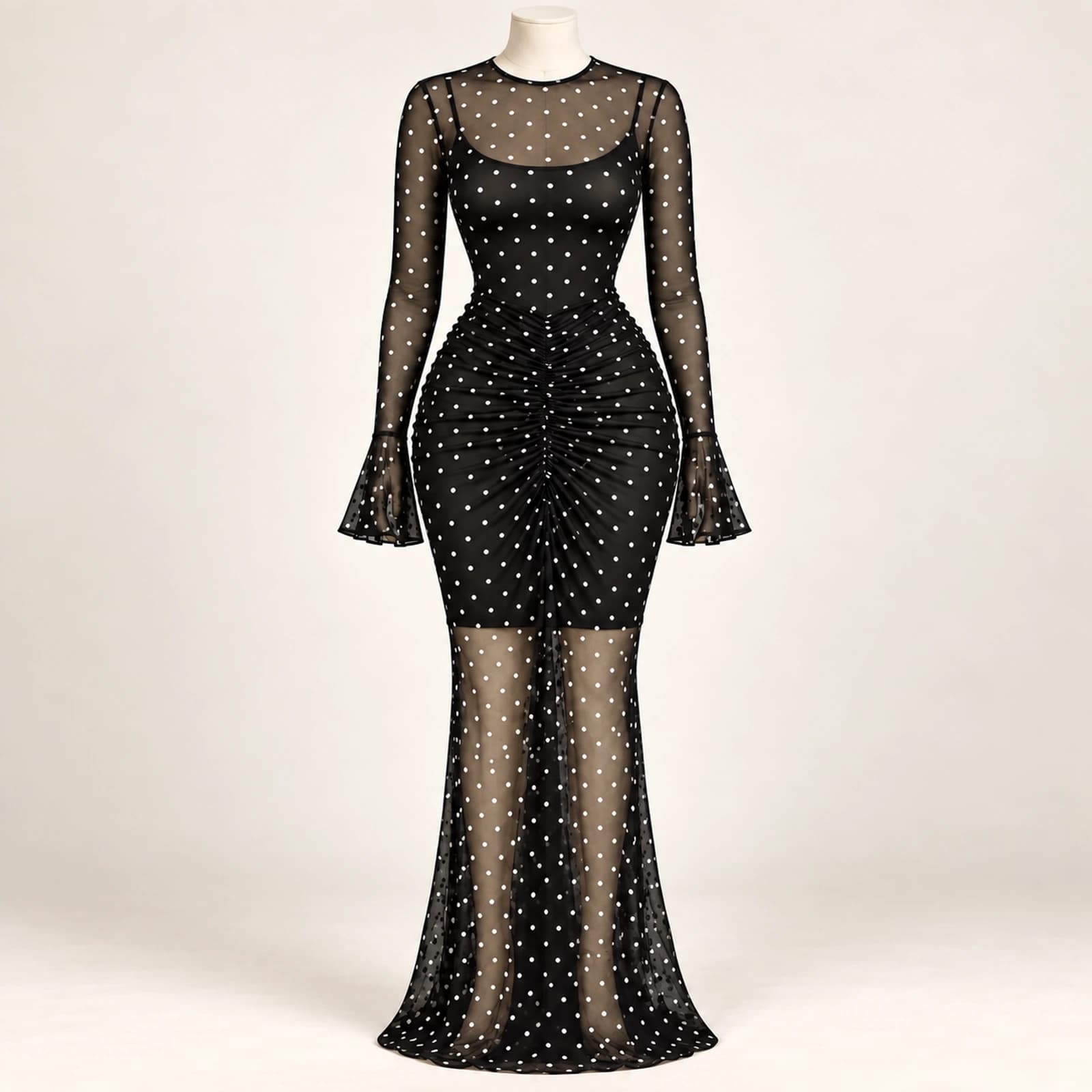 Elowyn Ruched Mesh Maxi Dress — Noir Dots, view 1