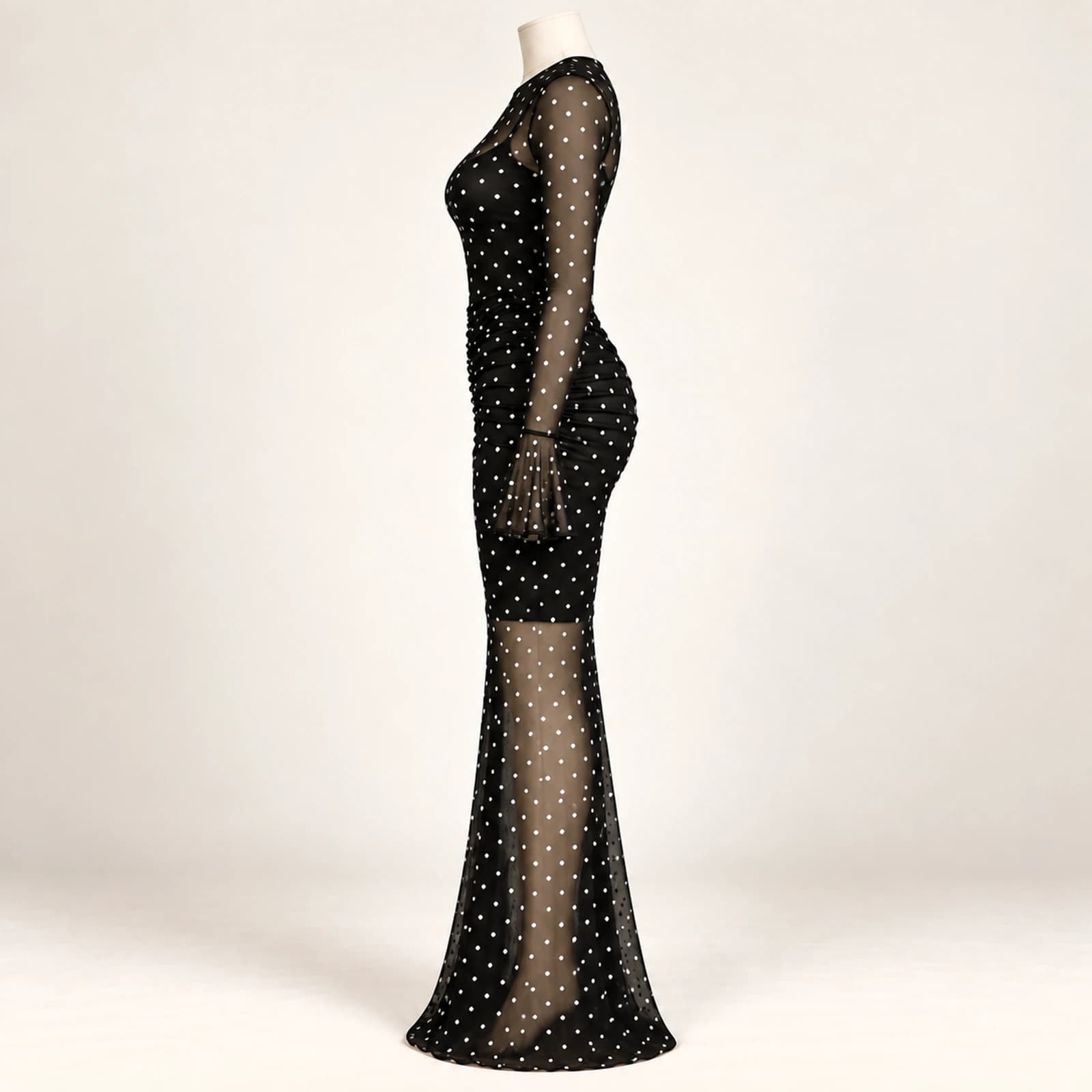 Elowyn Ruched Mesh Maxi Dress — Noir Dots, view 3