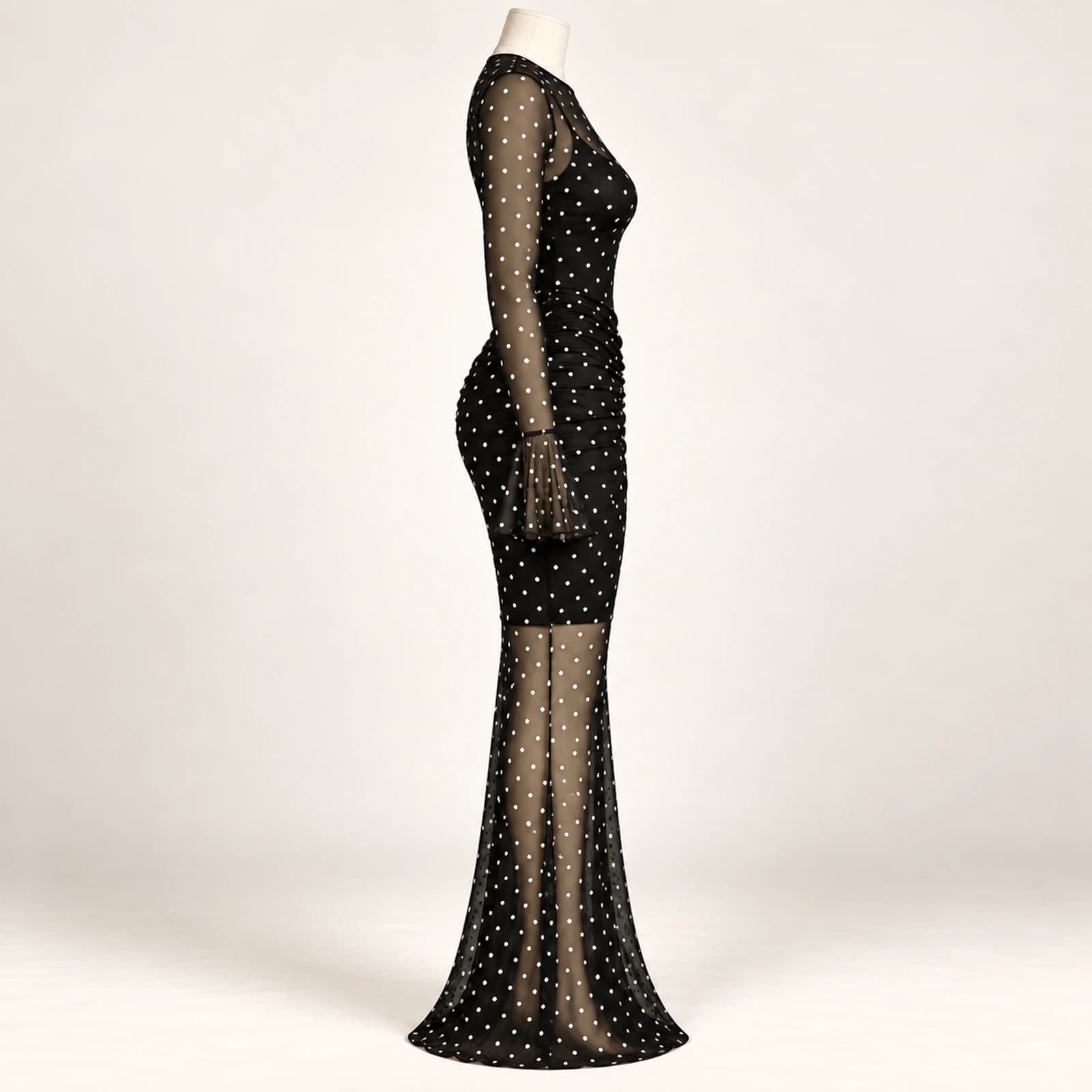 Elowyn Ruched Mesh Maxi Dress — Noir Dots, view 4