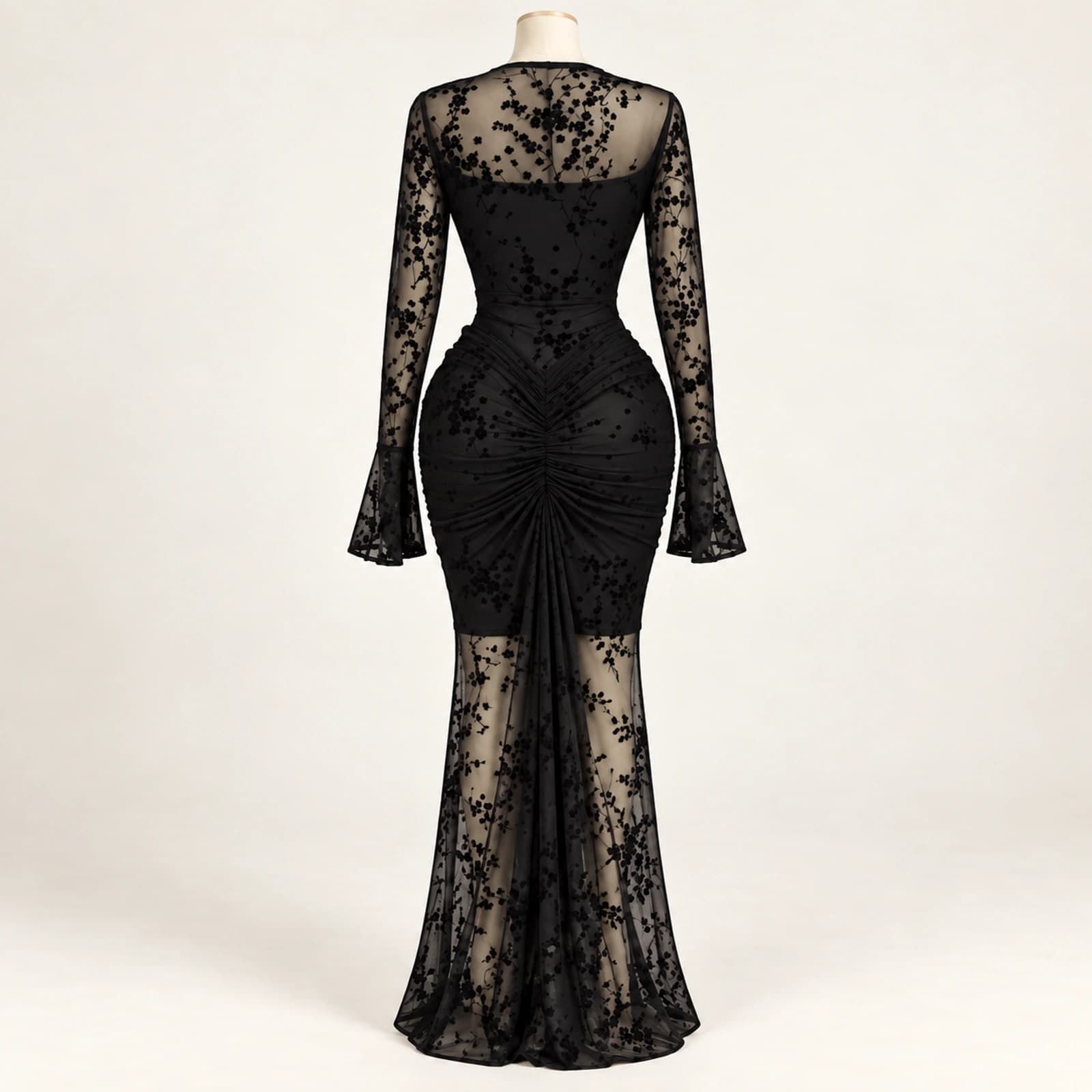 Elowyn Ruched Mesh Maxi Dress — Noir Ditsy, view 2