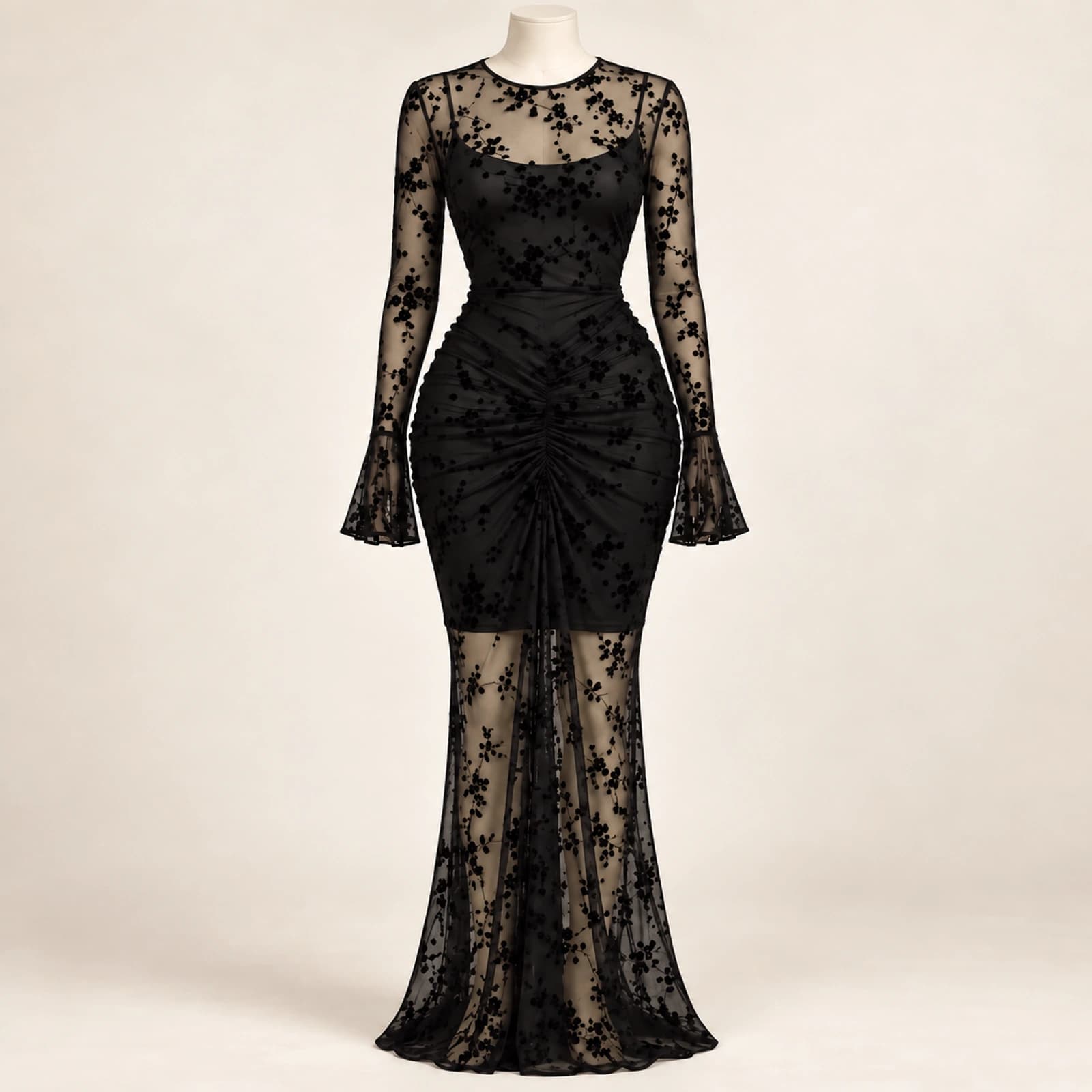 Elowyn Ruched Mesh Maxi Dress — Noir Ditsy, view 1