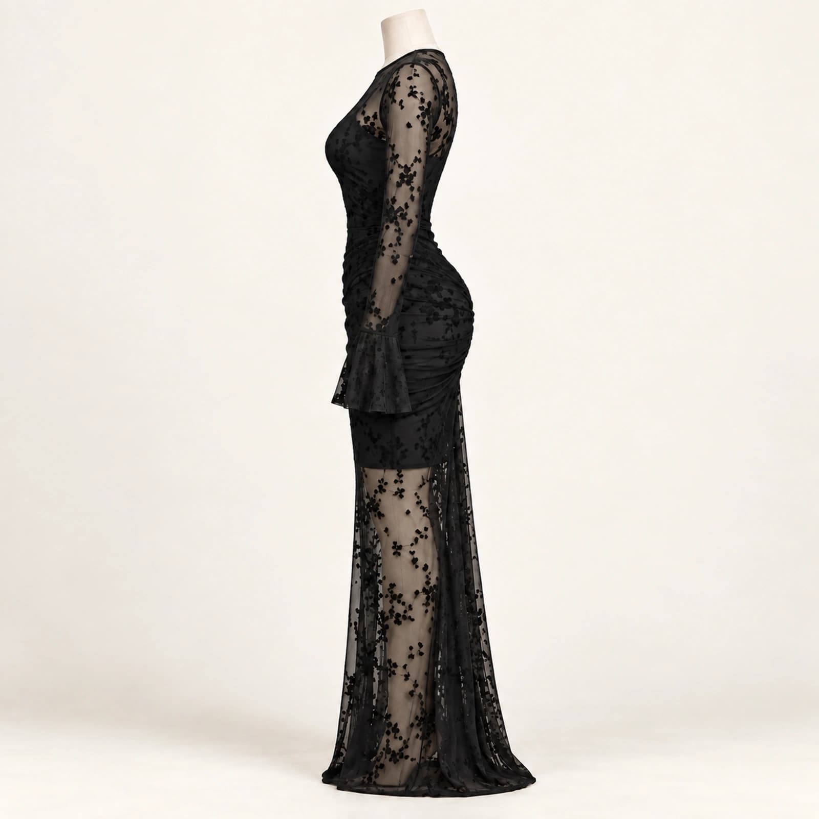 Elowyn Ruched Mesh Maxi Dress — Noir Ditsy, view 3
