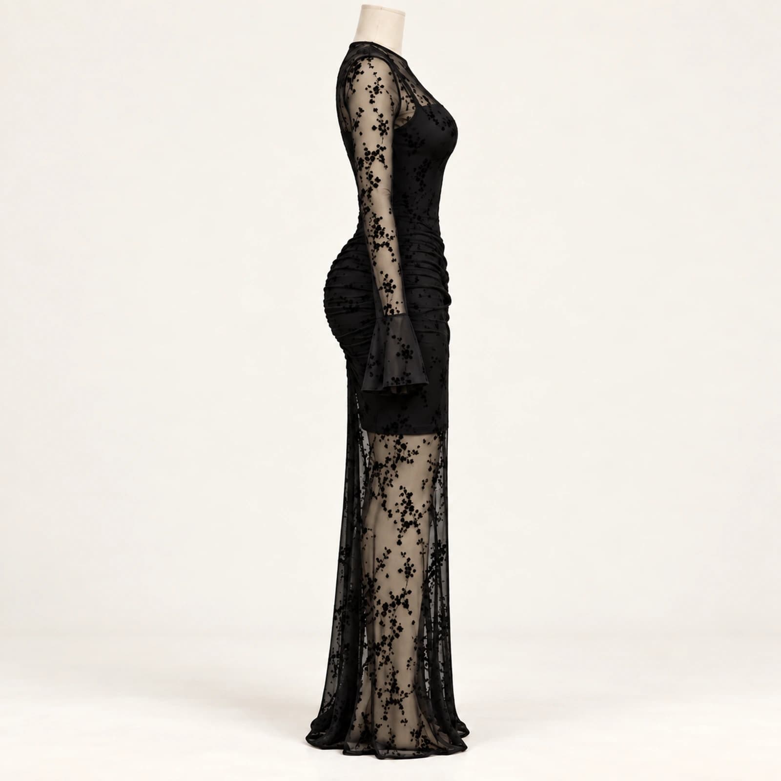 Elowyn Ruched Mesh Maxi Dress — Noir Ditsy, view 4