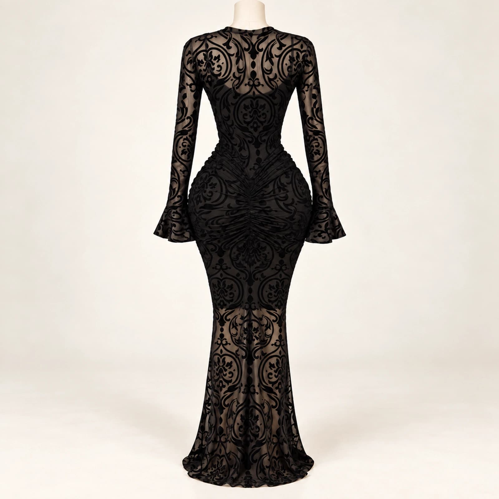 Elowyn Ruched Mesh Maxi Dress — Noir Scroll, view 2