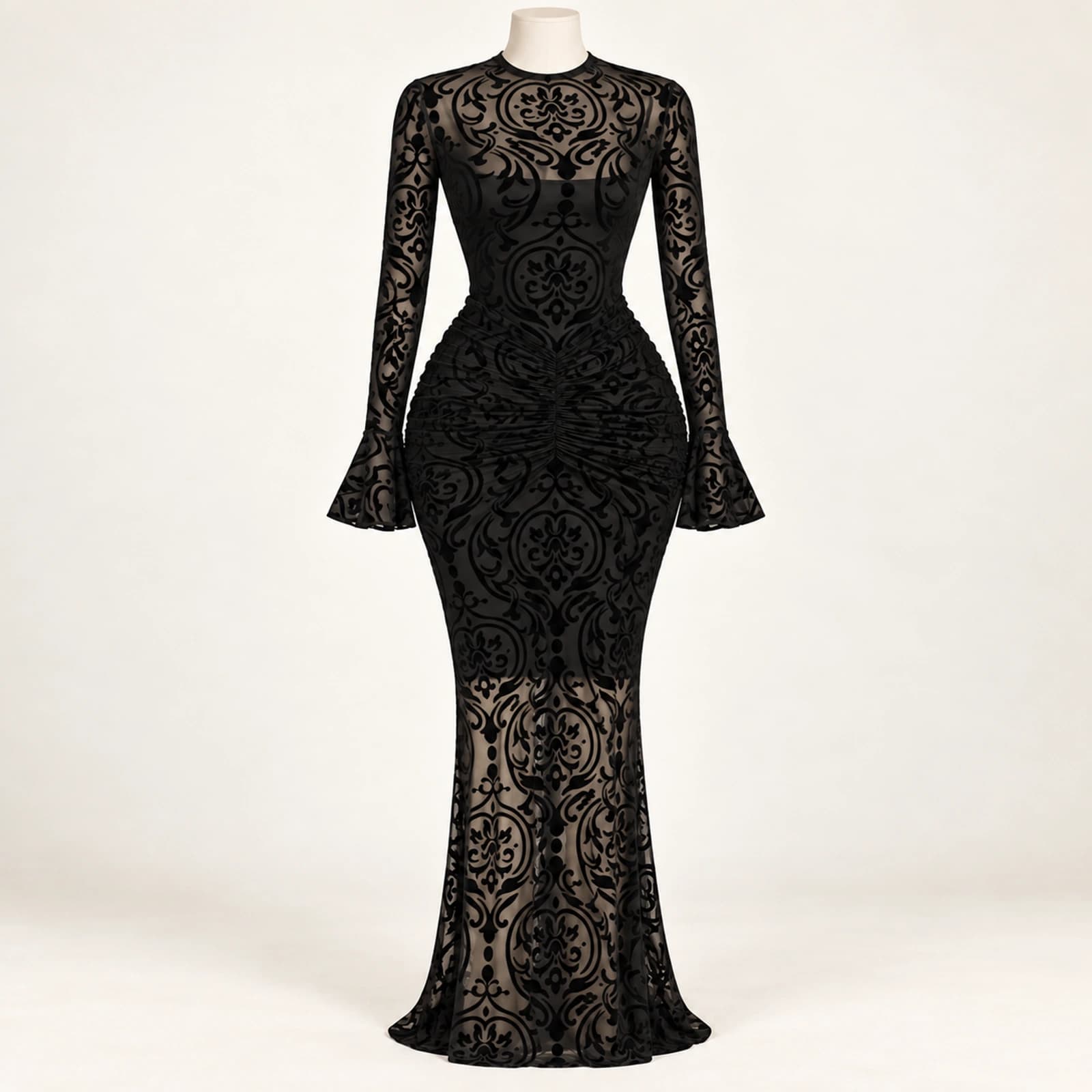 Elowyn Ruched Mesh Maxi Dress — Noir Scroll, view 1
