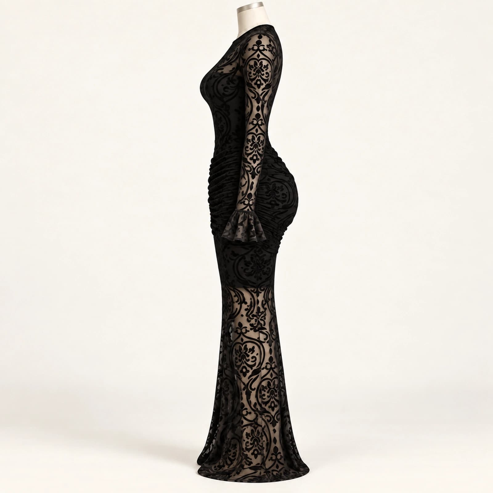 Elowyn Ruched Mesh Maxi Dress — Noir Scroll, view 3