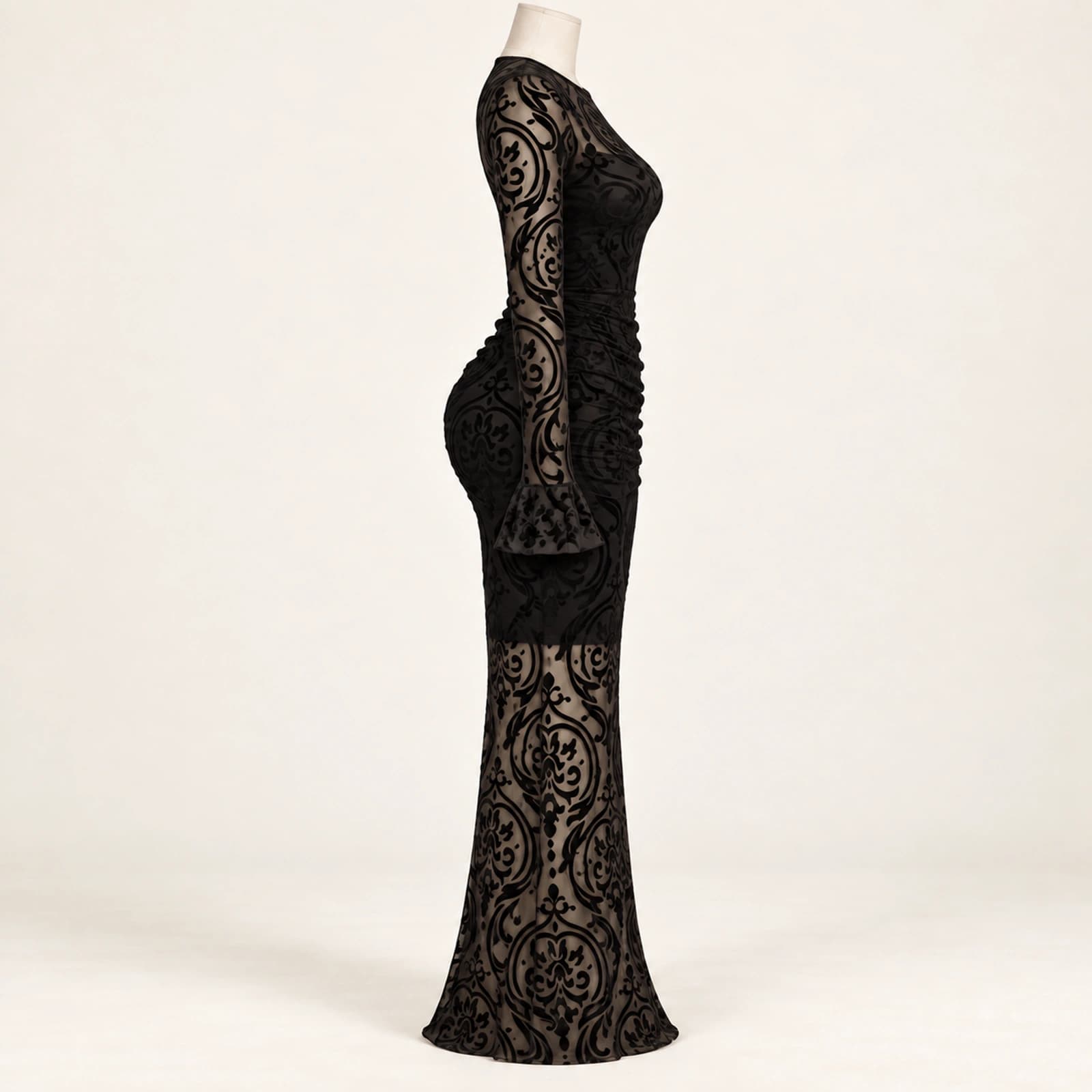 Elowyn Ruched Mesh Maxi Dress — Noir Scroll, view 4
