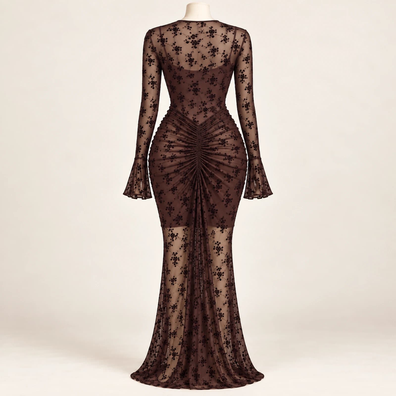 Elowyn Ruched Mesh Maxi Dress — Chocolate Floral, view 2