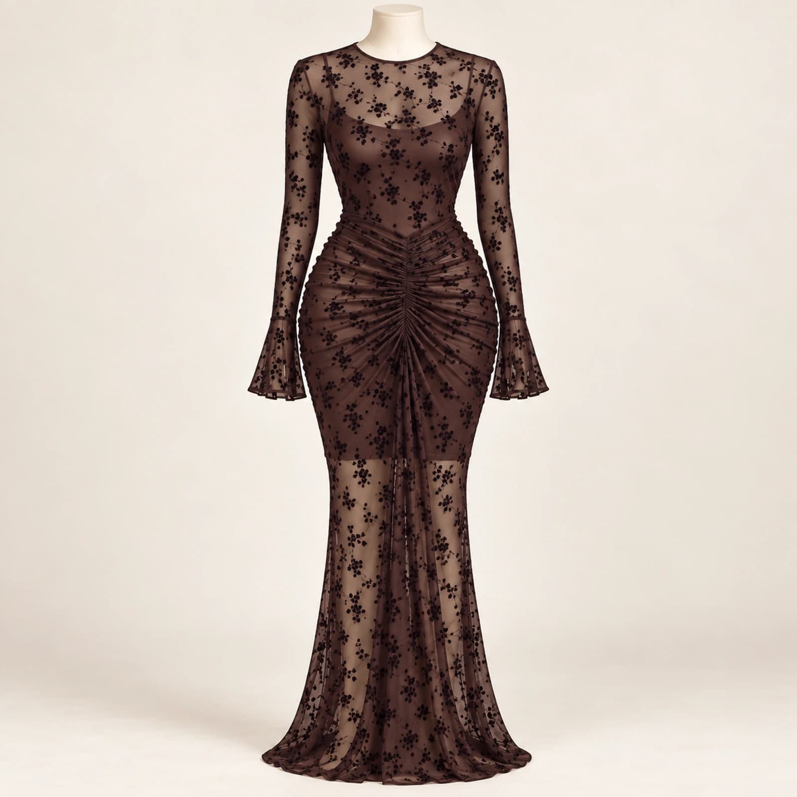 Elowyn Ruched Mesh Maxi Dress — Chocolate Floral, view 1