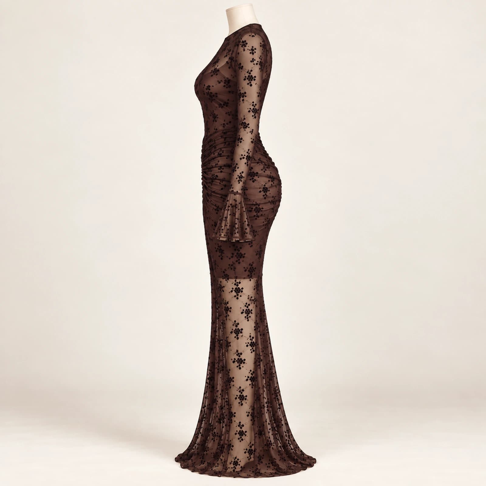 Elowyn Ruched Mesh Maxi Dress — Chocolate Floral, view 3