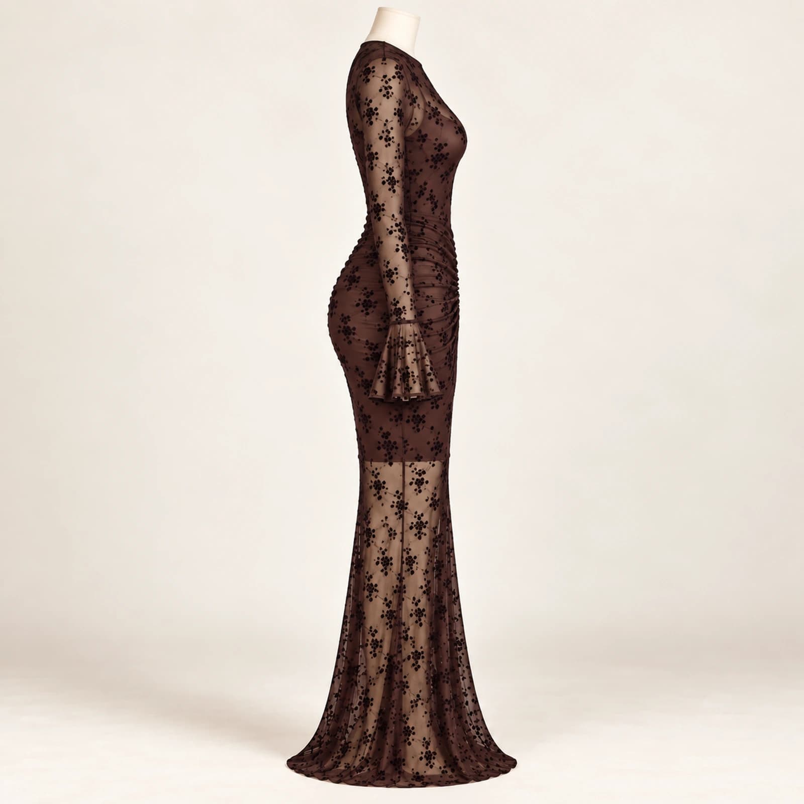 Elowyn Ruched Mesh Maxi Dress — Chocolate Floral, view 4