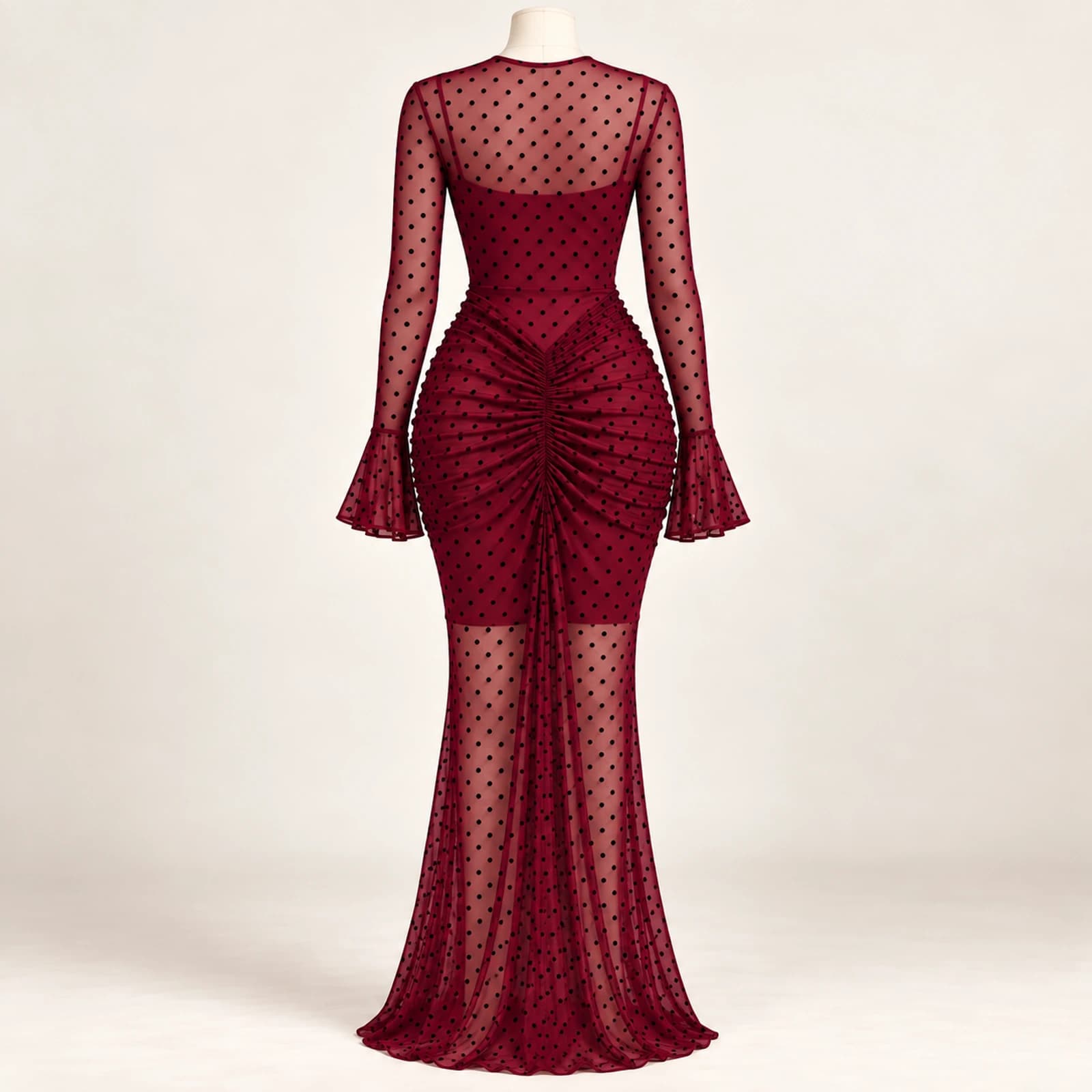 Elowyn Ruched Mesh Maxi Dress — Burgundy Dots, view 2