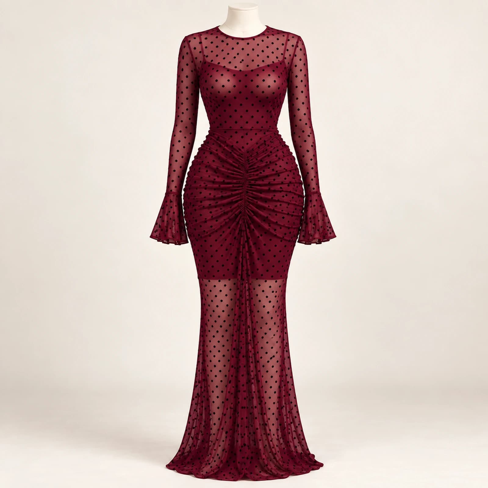 Elowyn Ruched Mesh Maxi Dress — Burgundy Dots, view 1