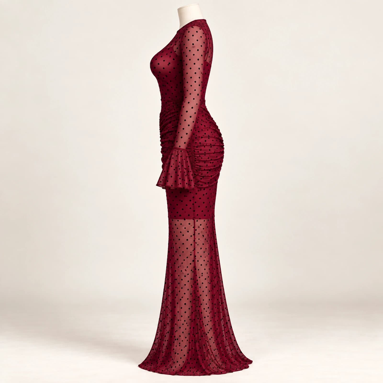 Elowyn Ruched Mesh Maxi Dress — Burgundy Dots, view 3