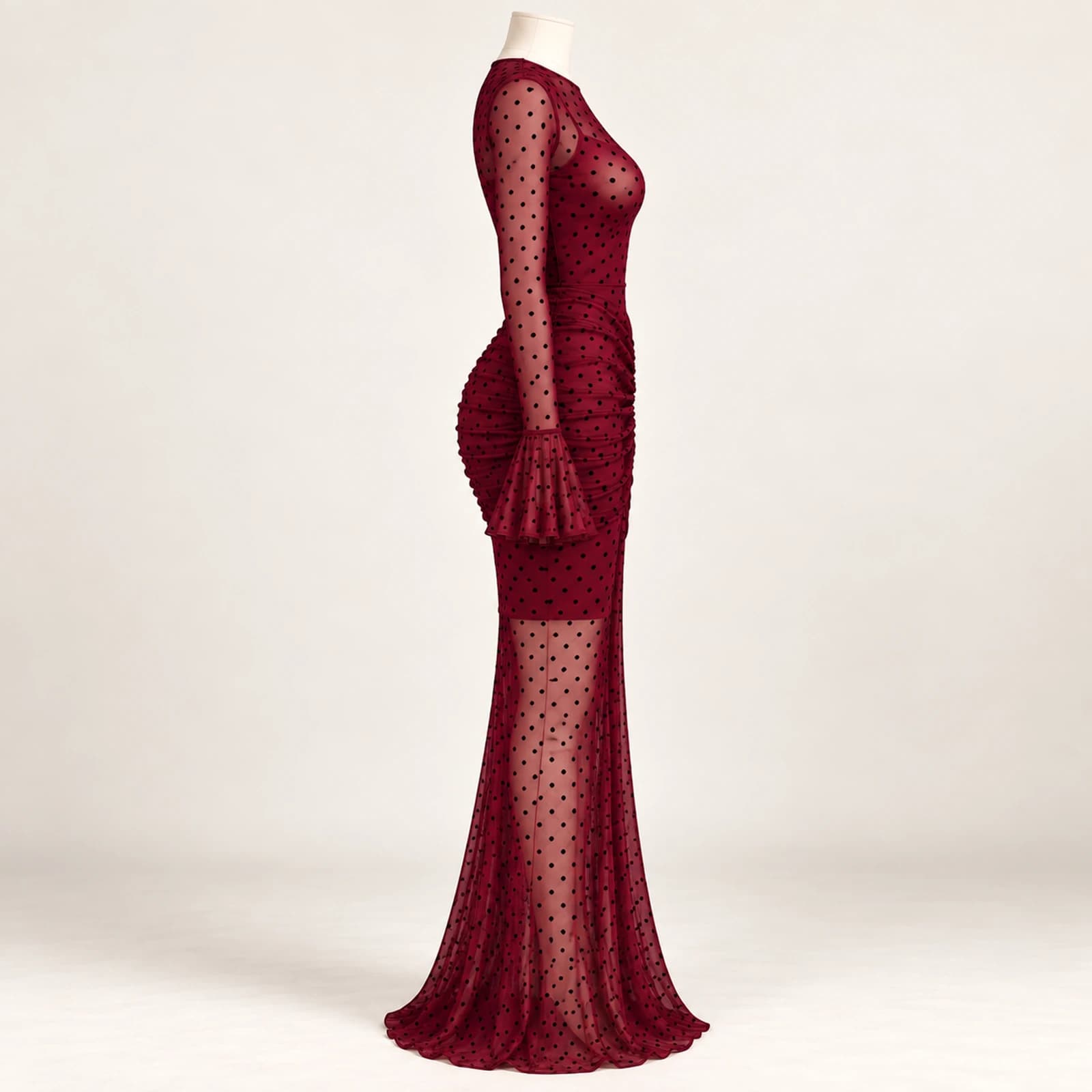 Elowyn Ruched Mesh Maxi Dress — Burgundy Dots, view 4