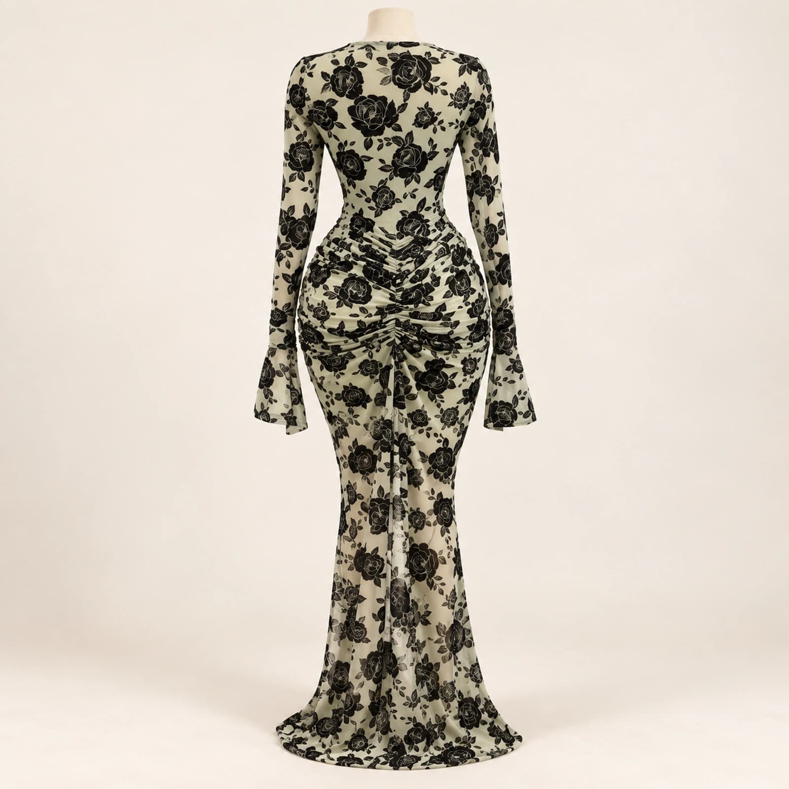 Elowyn Ruched Mesh Maxi Dress — Sage Rose, view 2