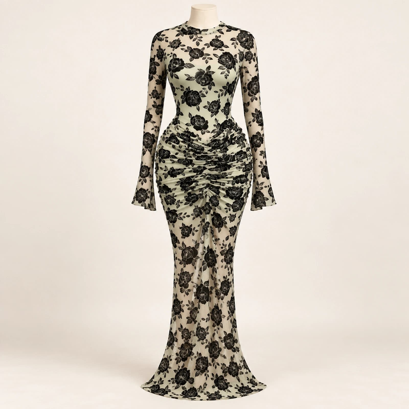 Elowyn Ruched Mesh Maxi Dress — Sage Rose, view 1