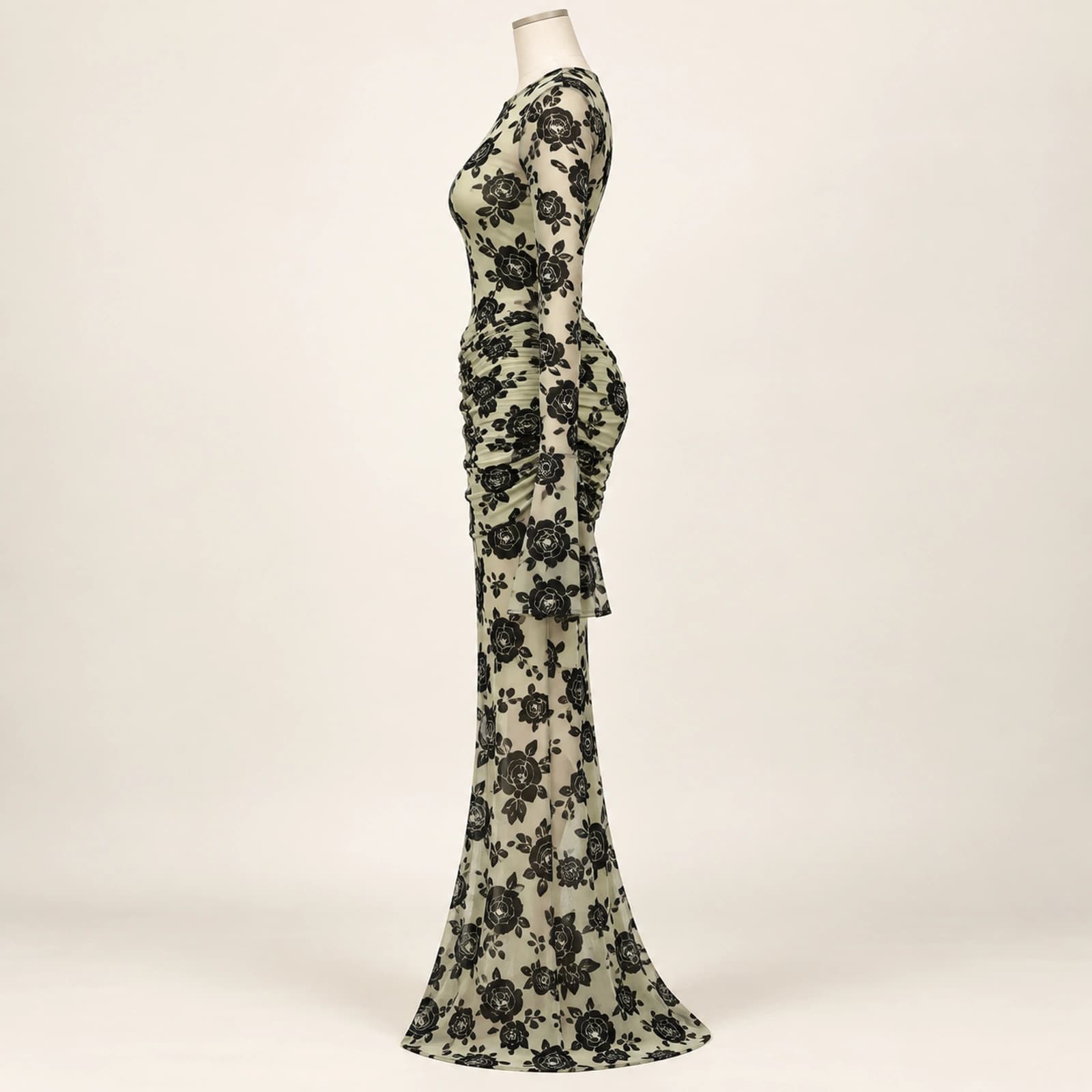 Elowyn Ruched Mesh Maxi Dress — Sage Rose, view 3
