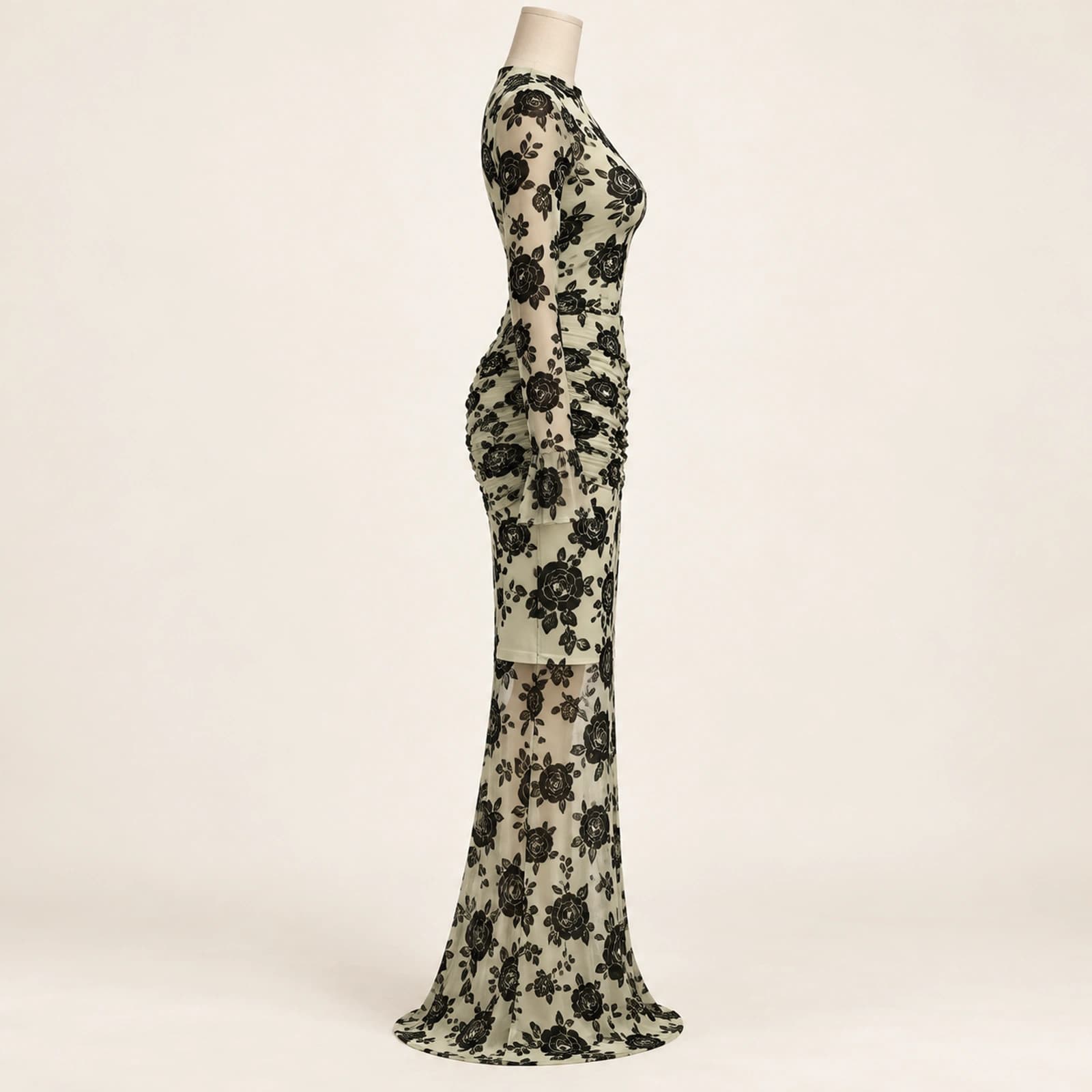 Elowyn Ruched Mesh Maxi Dress — Sage Rose, view 4