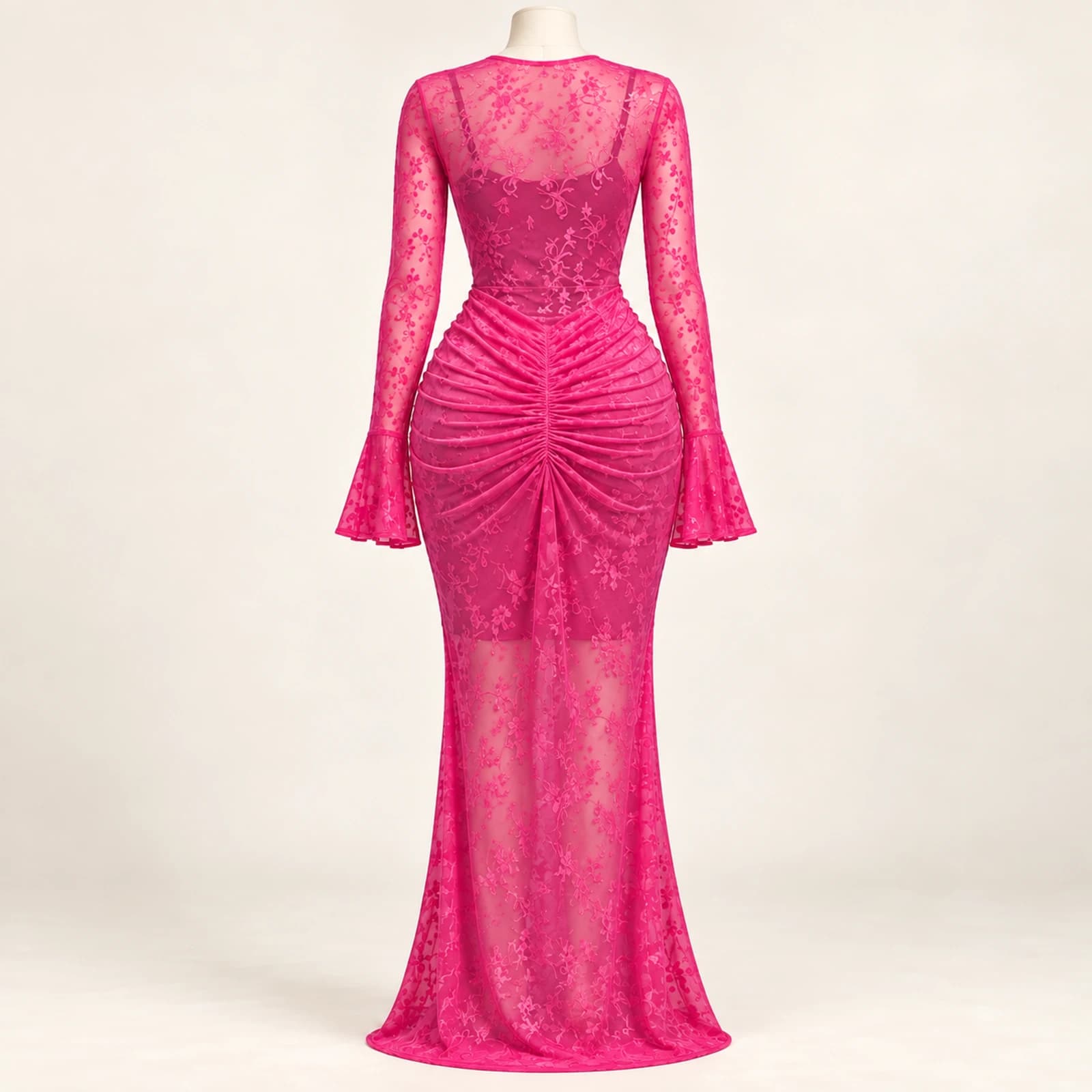 Elowyn Ruched Mesh Maxi Dress — Fuchsia, view 2