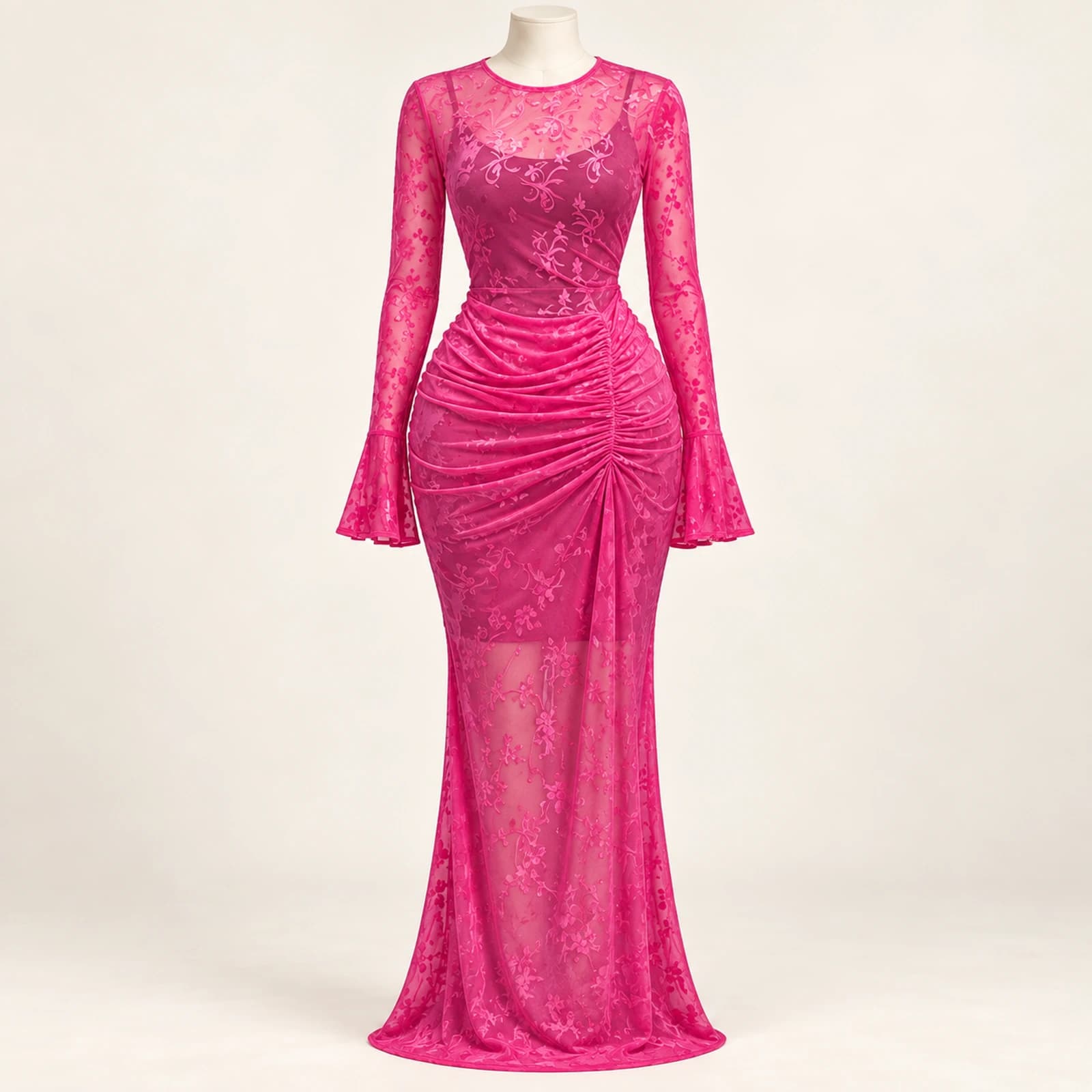 Elowyn Ruched Mesh Maxi Dress — Fuchsia, view 1