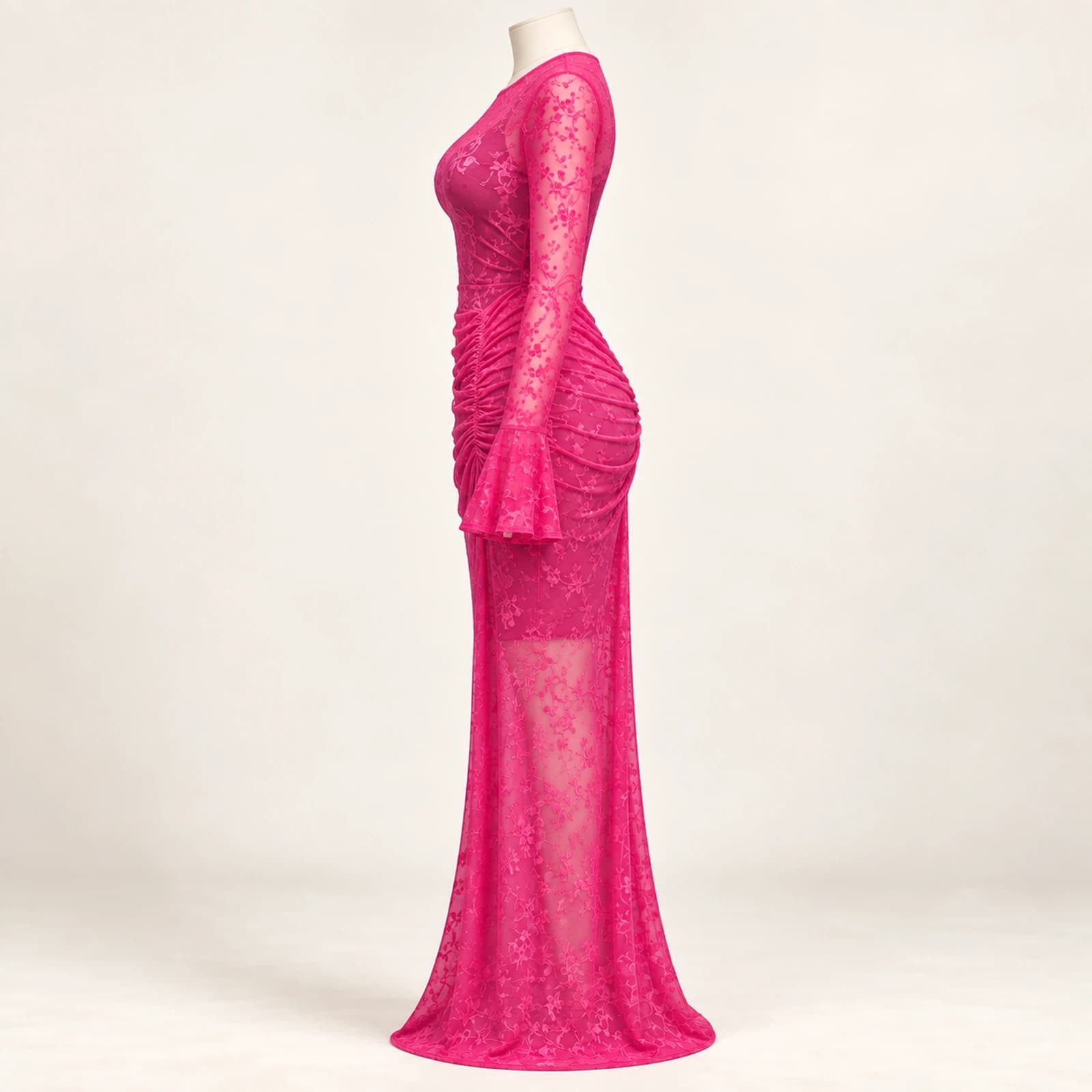 Elowyn Ruched Mesh Maxi Dress — Fuchsia, view 3