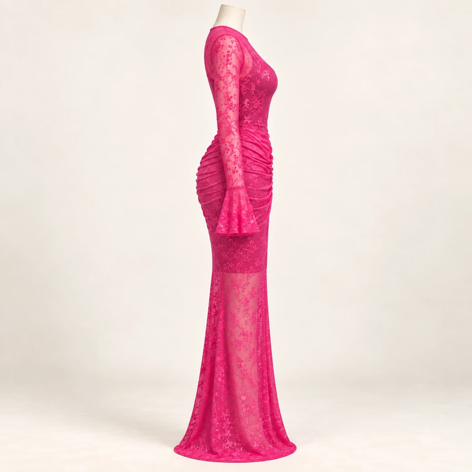 Elowyn Ruched Mesh Maxi Dress — Fuchsia, view 4