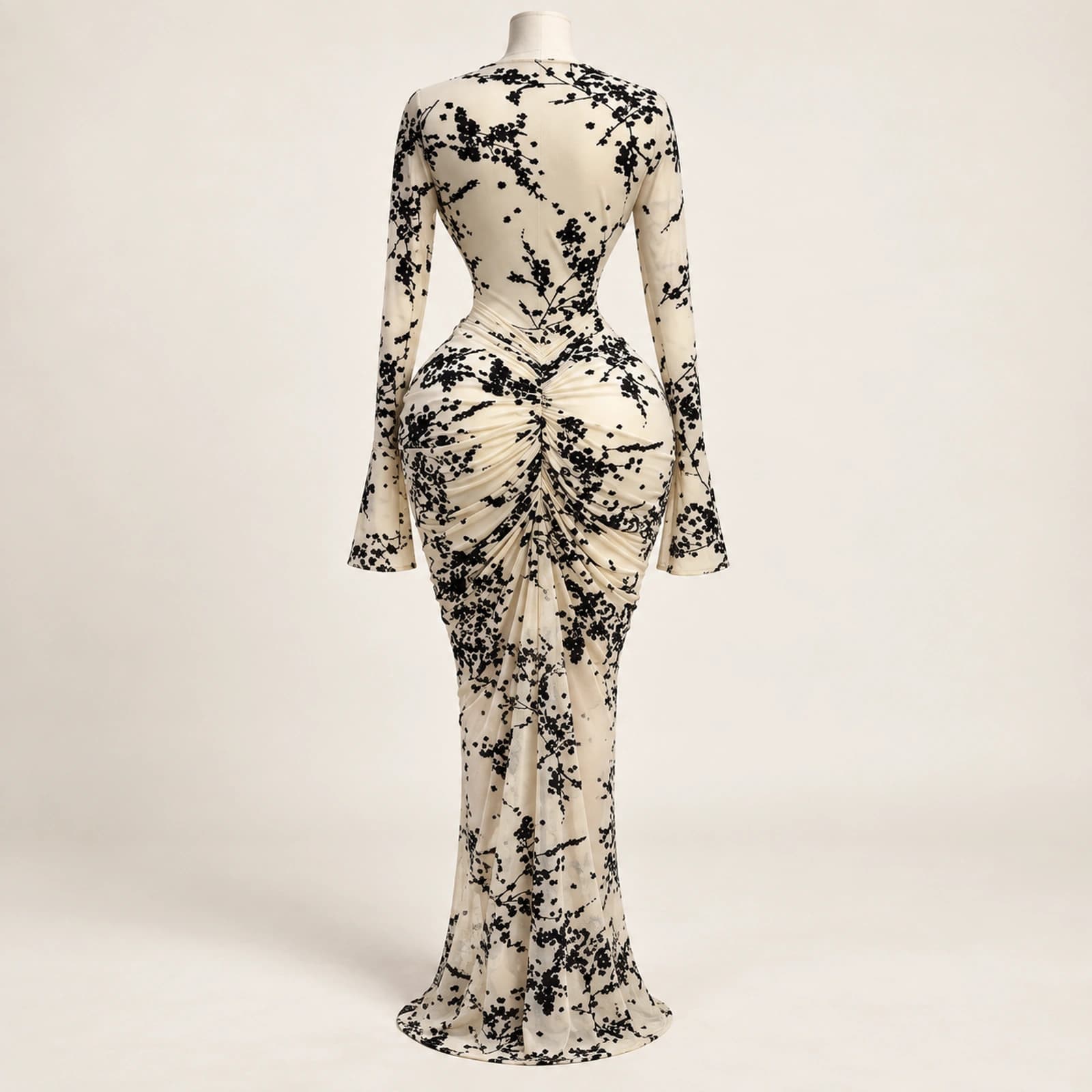 Elowyn Ruched Mesh Maxi Dress — Ivory Botanical, view 2