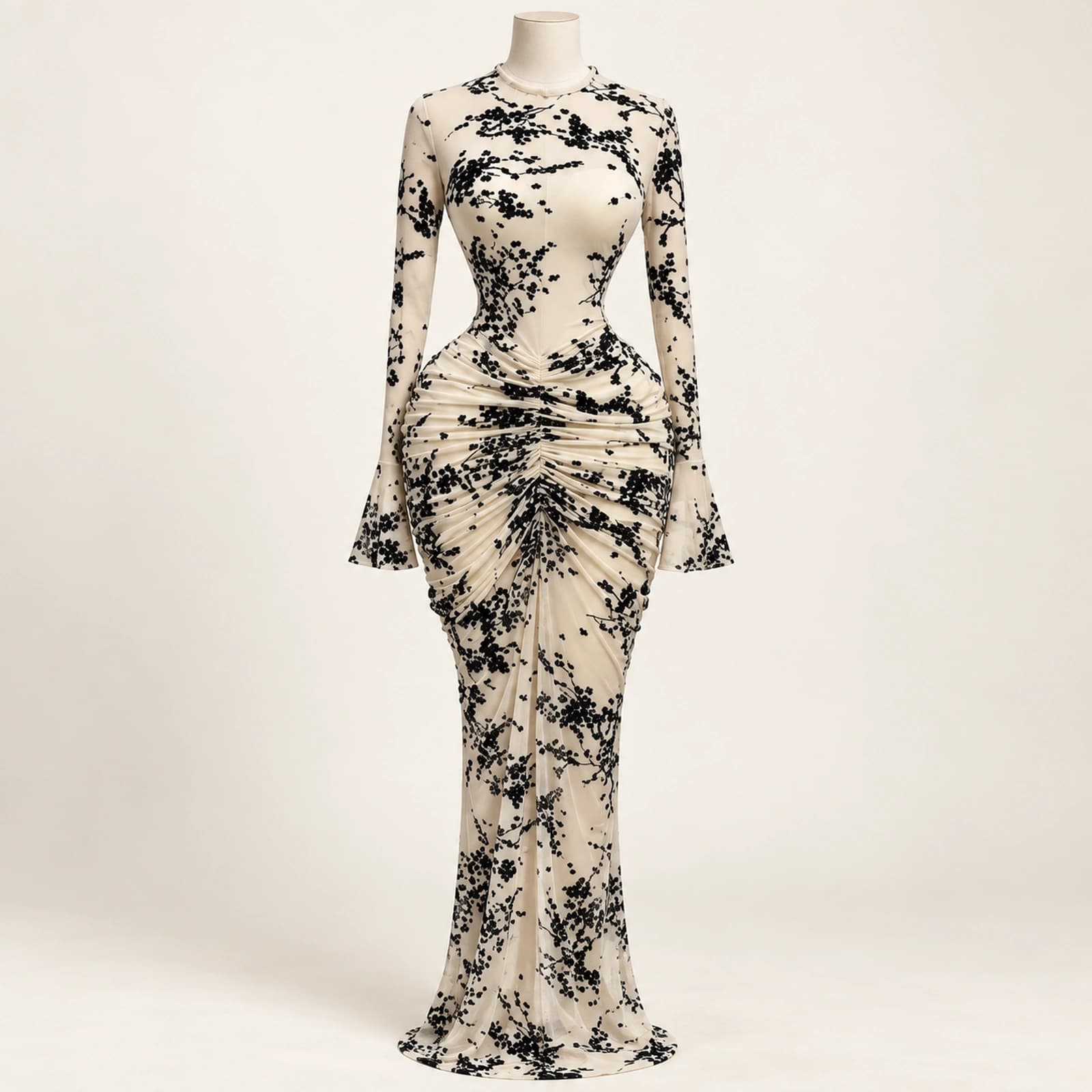 Elowyn Ruched Mesh Maxi Dress — Ivory Botanical, view 1