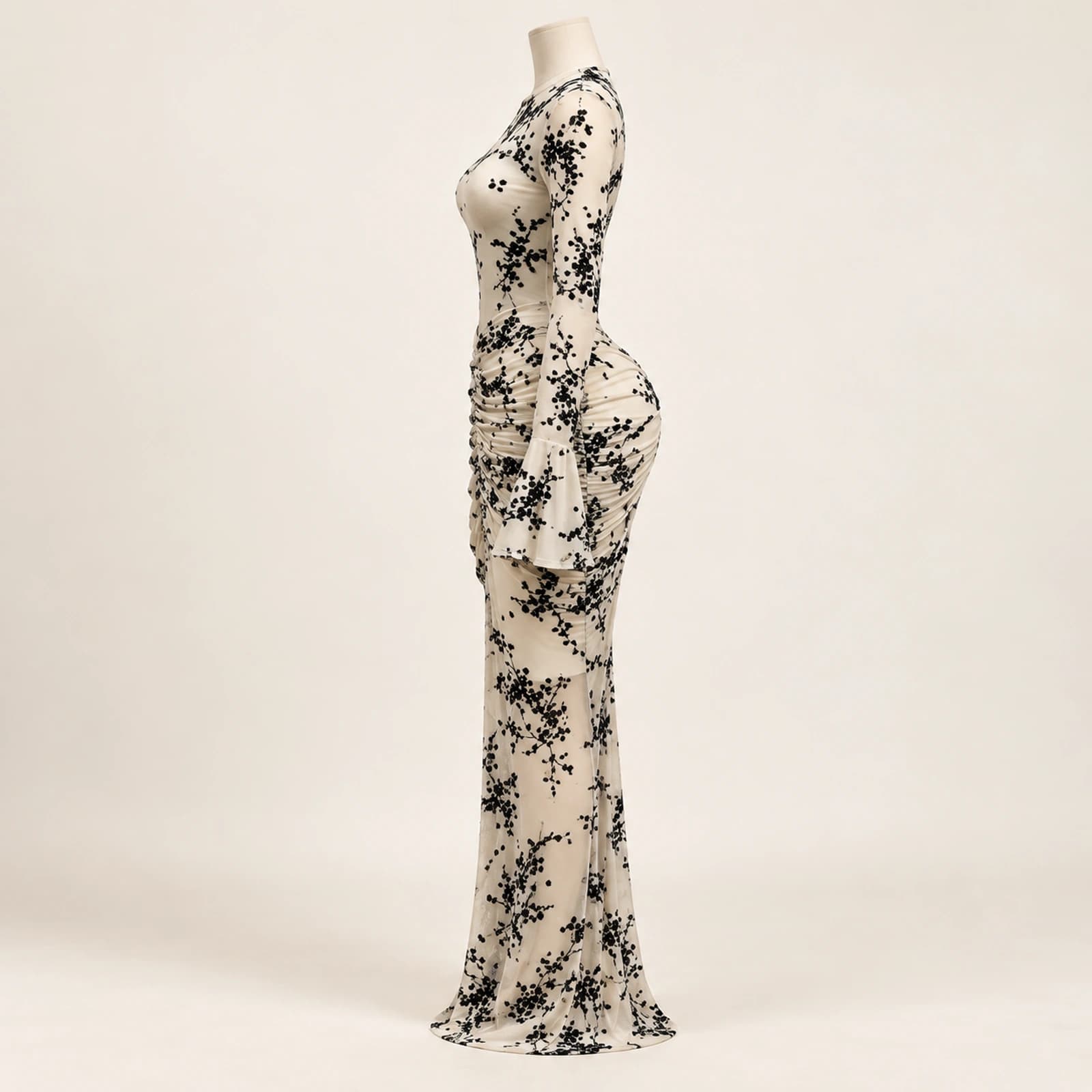 Elowyn Ruched Mesh Maxi Dress — Ivory Botanical, view 3