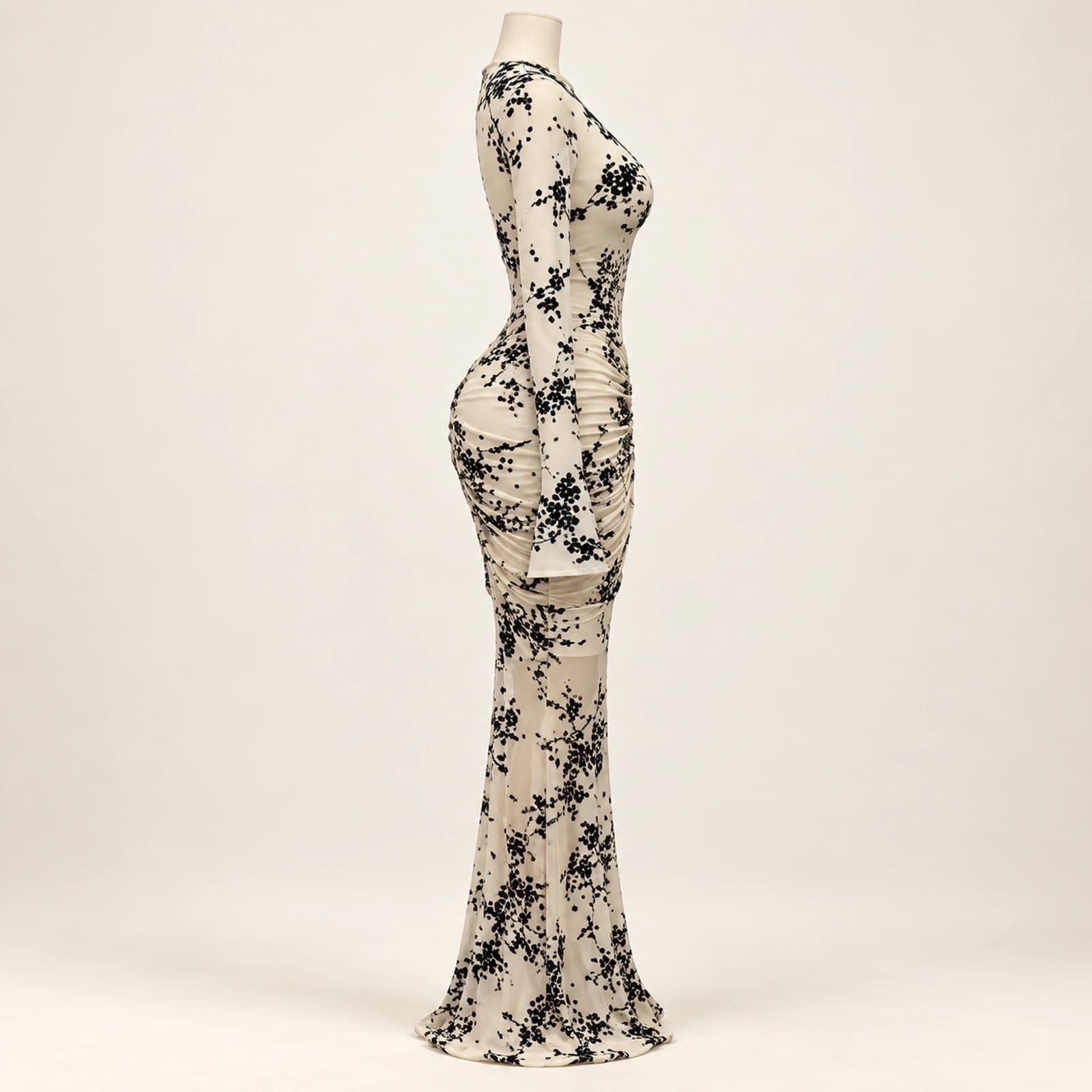 Elowyn Ruched Mesh Maxi Dress — Ivory Botanical, view 4