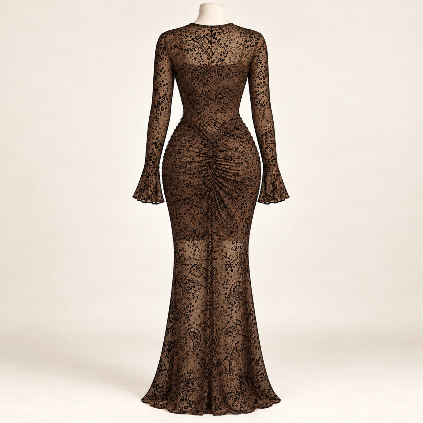 Elowyn Ruched Mesh Maxi Dress — Mocha Print, view 2