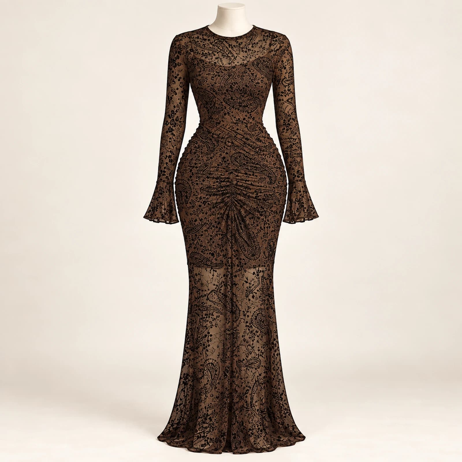 Elowyn Ruched Mesh Maxi Dress — Mocha Print, view 1