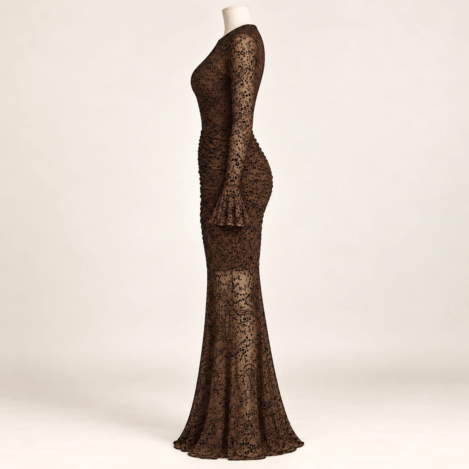 Elowyn Ruched Mesh Maxi Dress — Mocha Print, view 3