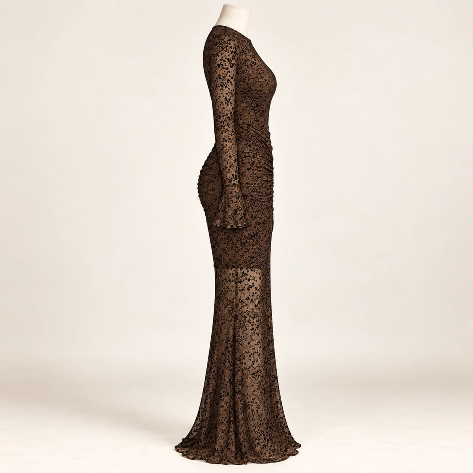 Elowyn Ruched Mesh Maxi Dress — Mocha Print, view 4
