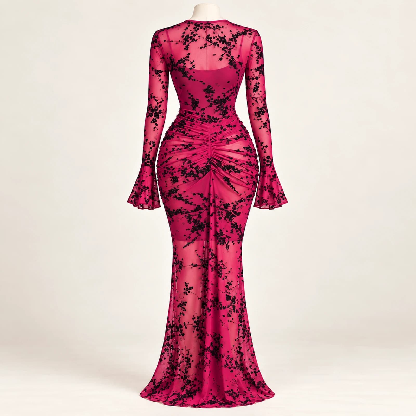 Elowyn Ruched Mesh Maxi Dress — Rose Floral, view 2
