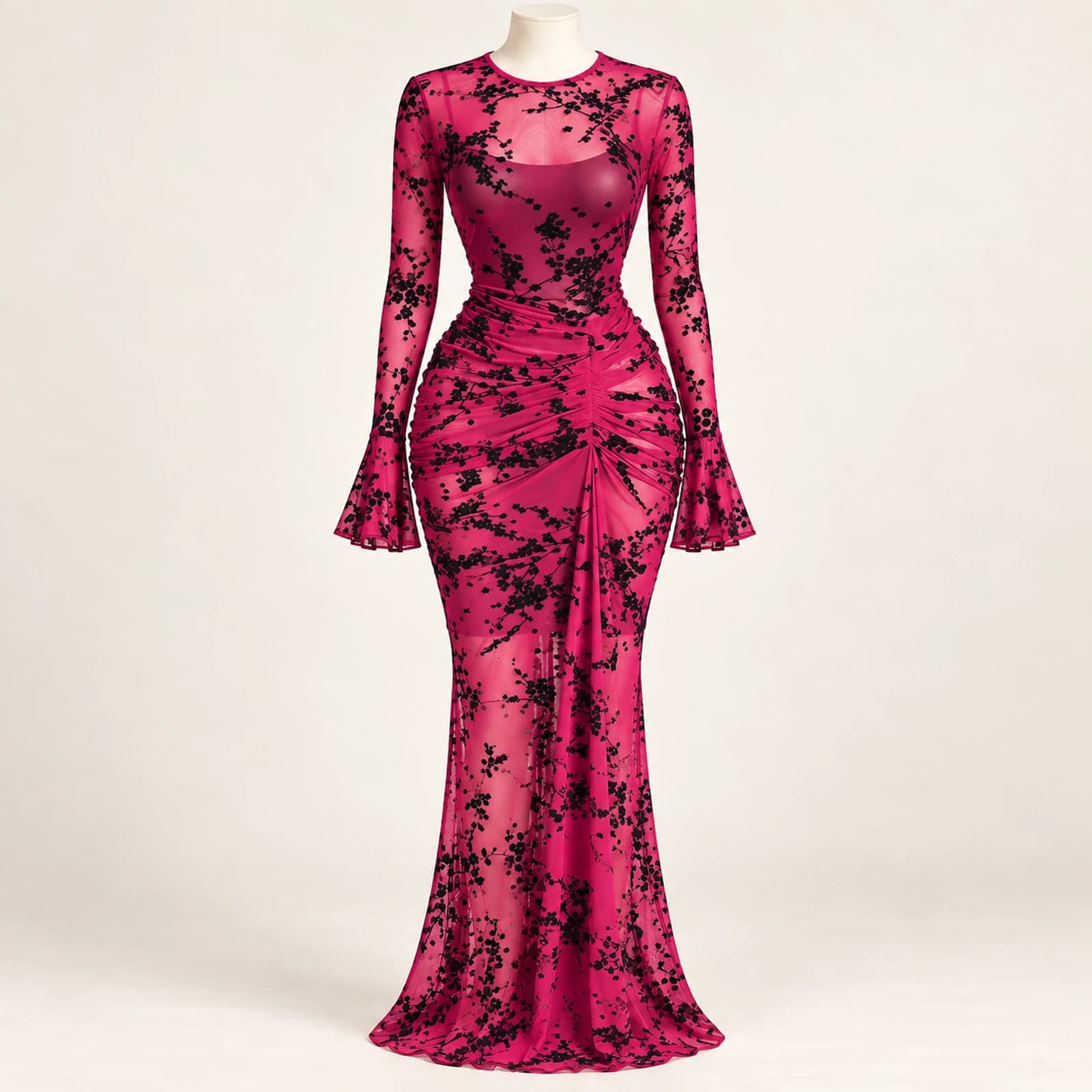 Elowyn Ruched Mesh Maxi Dress — Rose Floral, view 1