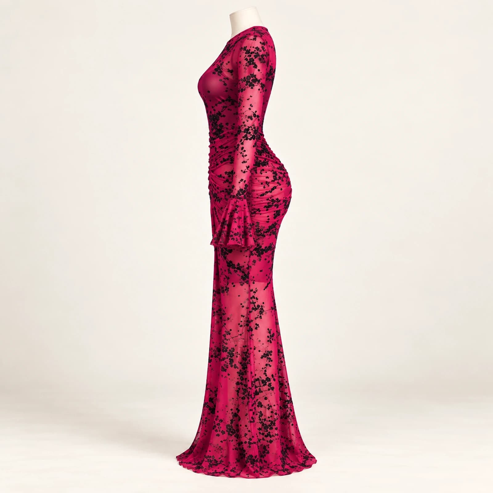 Elowyn Ruched Mesh Maxi Dress — Rose Floral, view 3