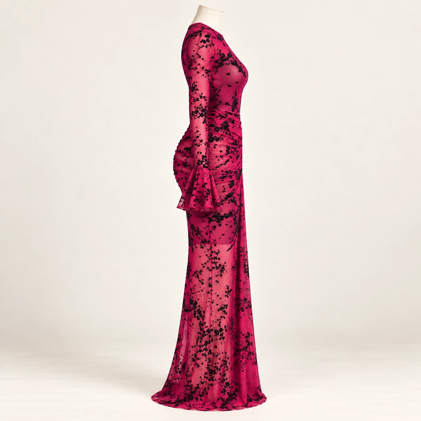 Elowyn Ruched Mesh Maxi Dress — Rose Floral, view 4