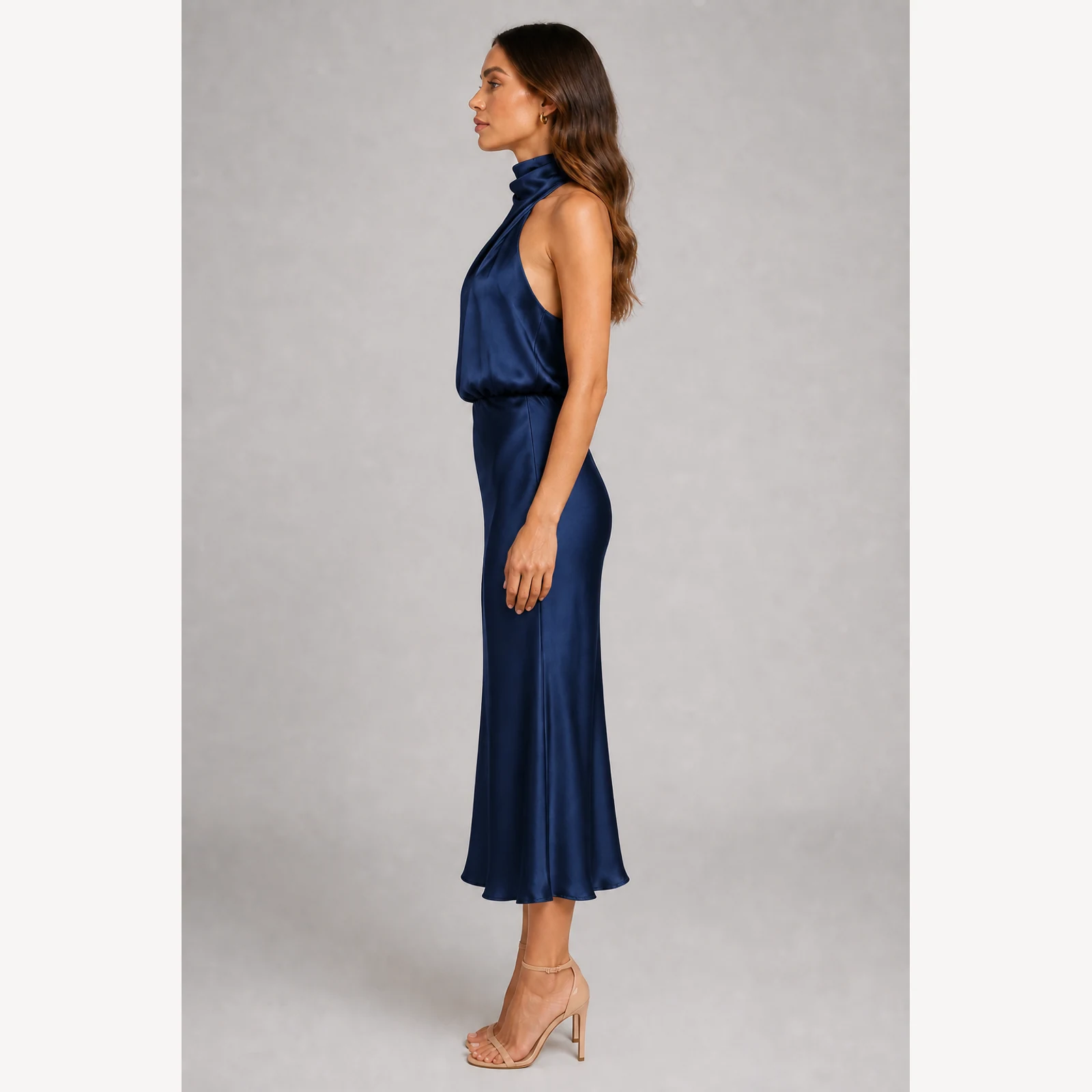 Evora Navy Halter Midi Dress, view 3