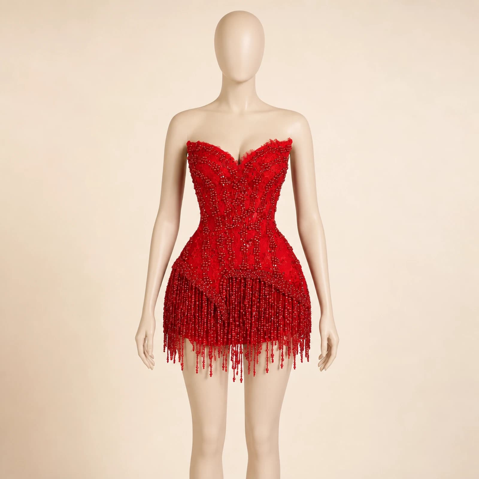 Fabienne Red Tassel Mini Dress, view 1