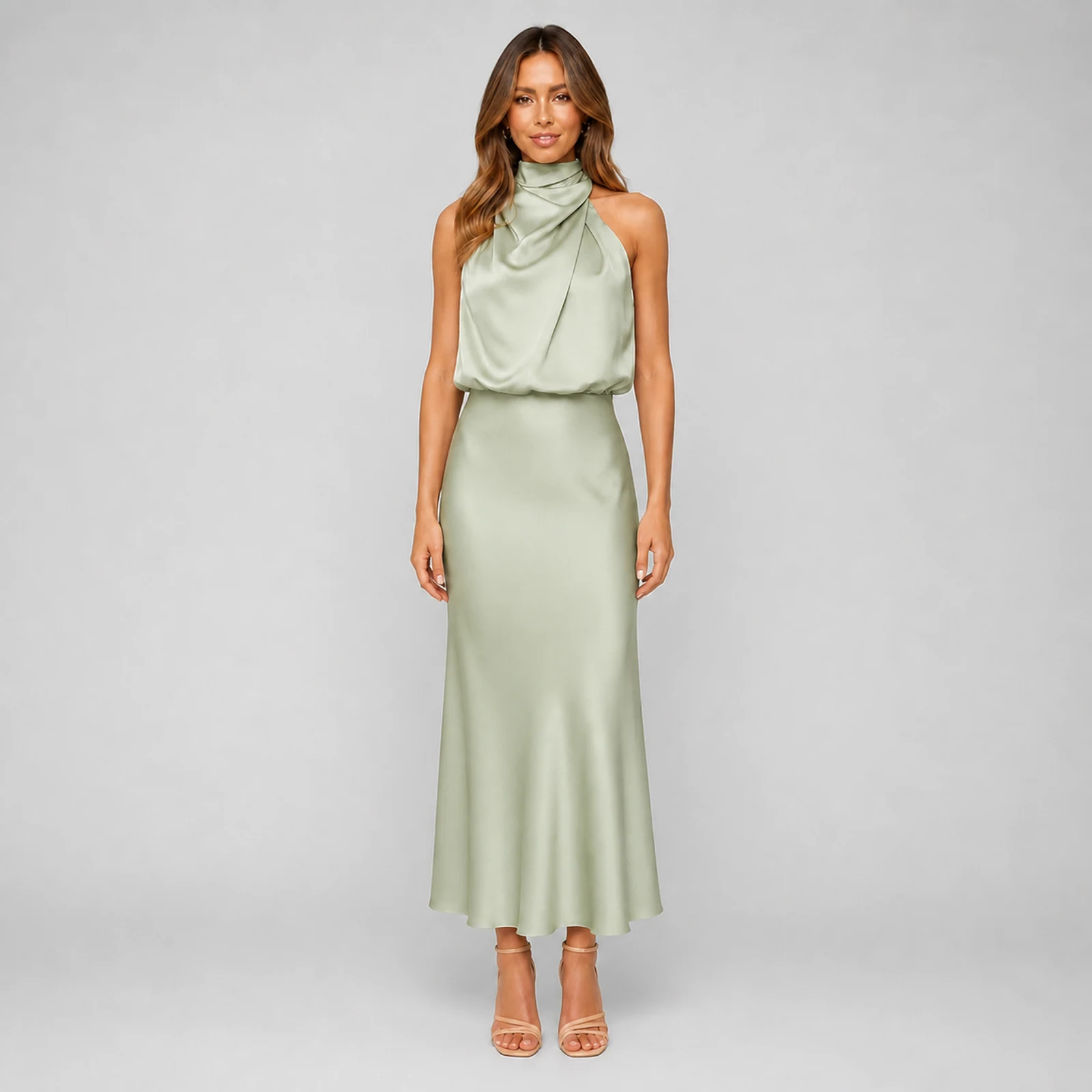 Fiora Sage Satin Midi Dress, view 1