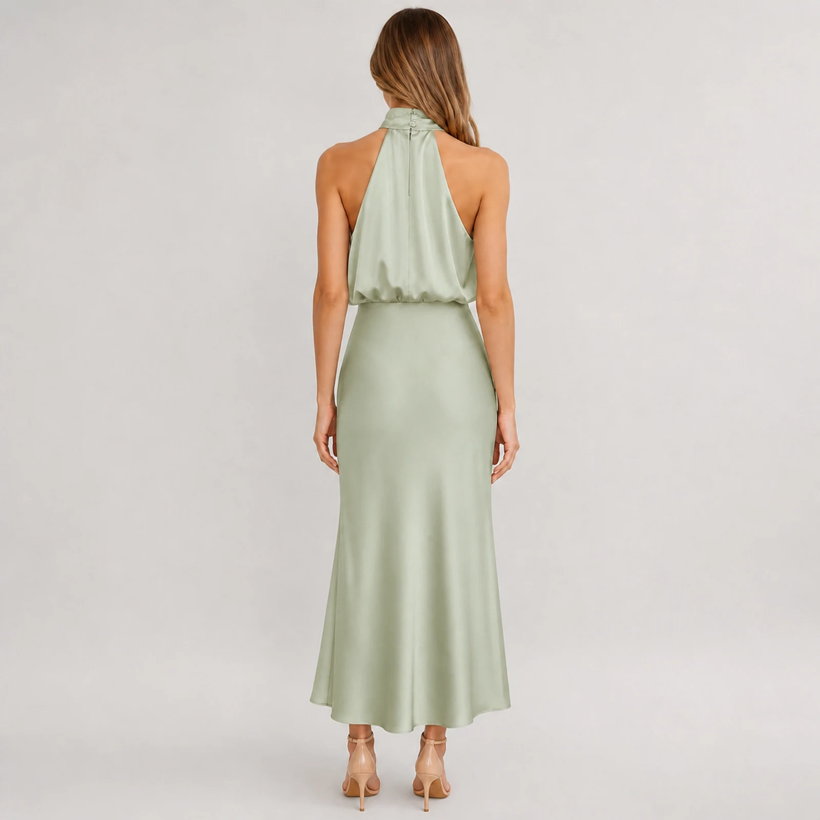 Fiora Sage Satin Midi Dress, view 2